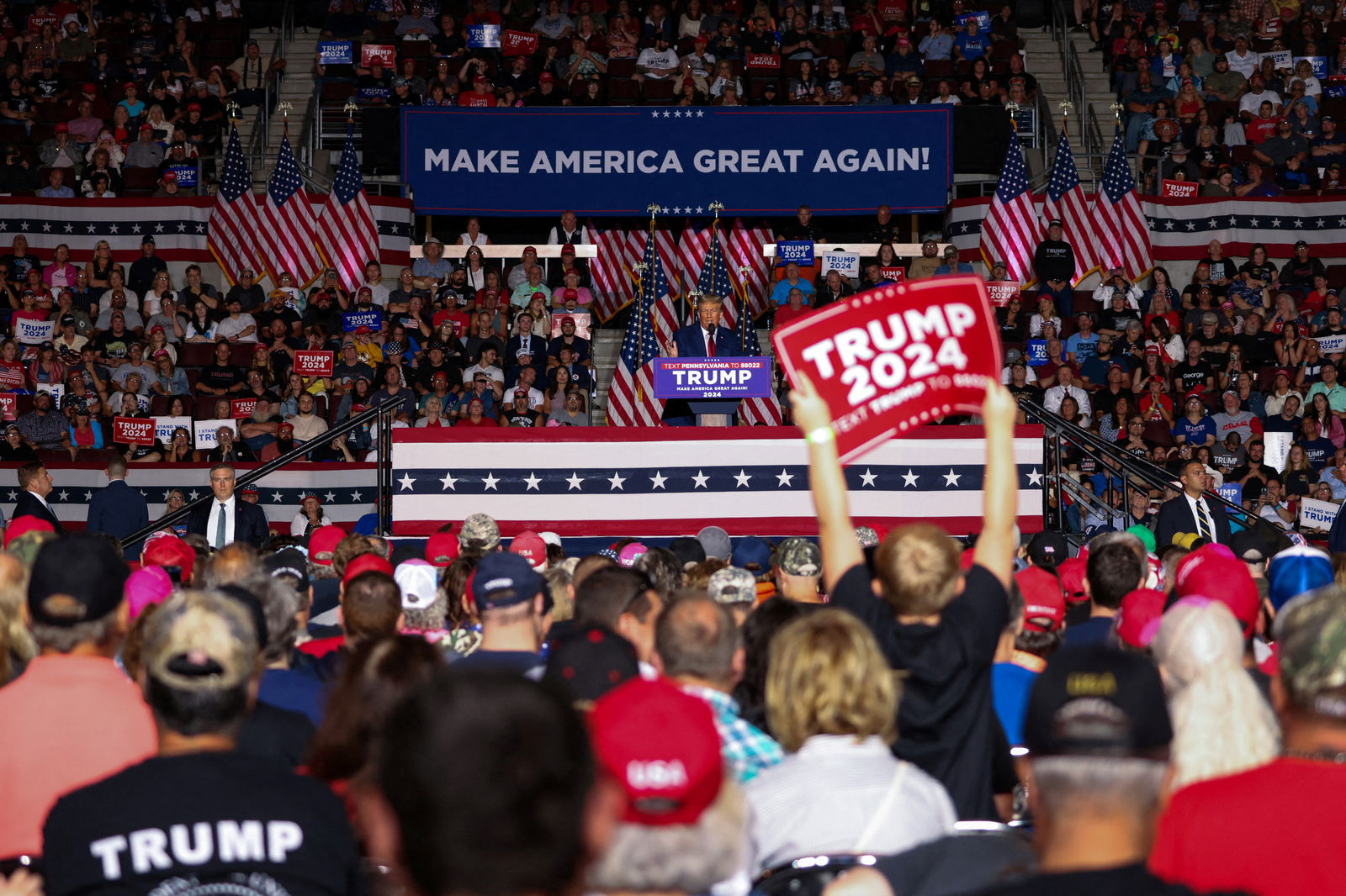 Former U.S. President and Republican presidential candidate Donald Trump speaks during a campaign rally in Erie, Pennsylvania, U.S., July 29, 2023. REUTERS/Lindsay DeDario/File Photo