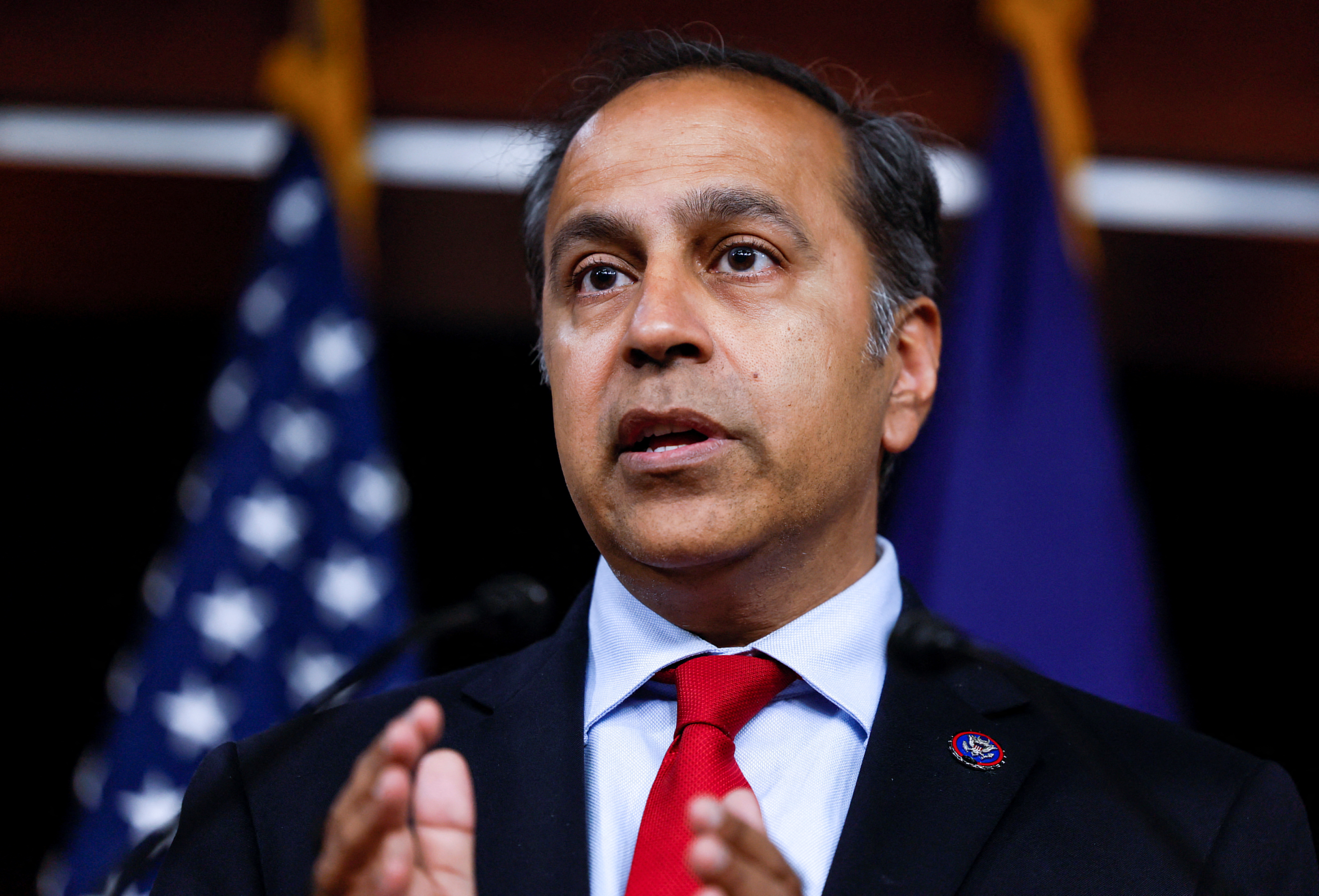 U.S. Representative Raja Krishnamoorthi (D-IL) answers questions during a news conference about the recent Congressional delegation trip to the Indo-Pacific region, on Capitol Hill in Washington, U.S. August 10, 2022. REUTERS/Evelyn Hockstein/File Photo