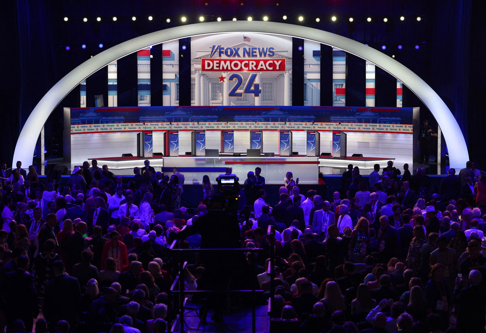 The empty debate stage awaits the arrival of the candidates before the start of the first Republican candidates' debate of the 2024 U.S. presidential campaign in Milwaukee, Wisconsin, U.S., August 23, 2023. REUTERS/Brian Snyder