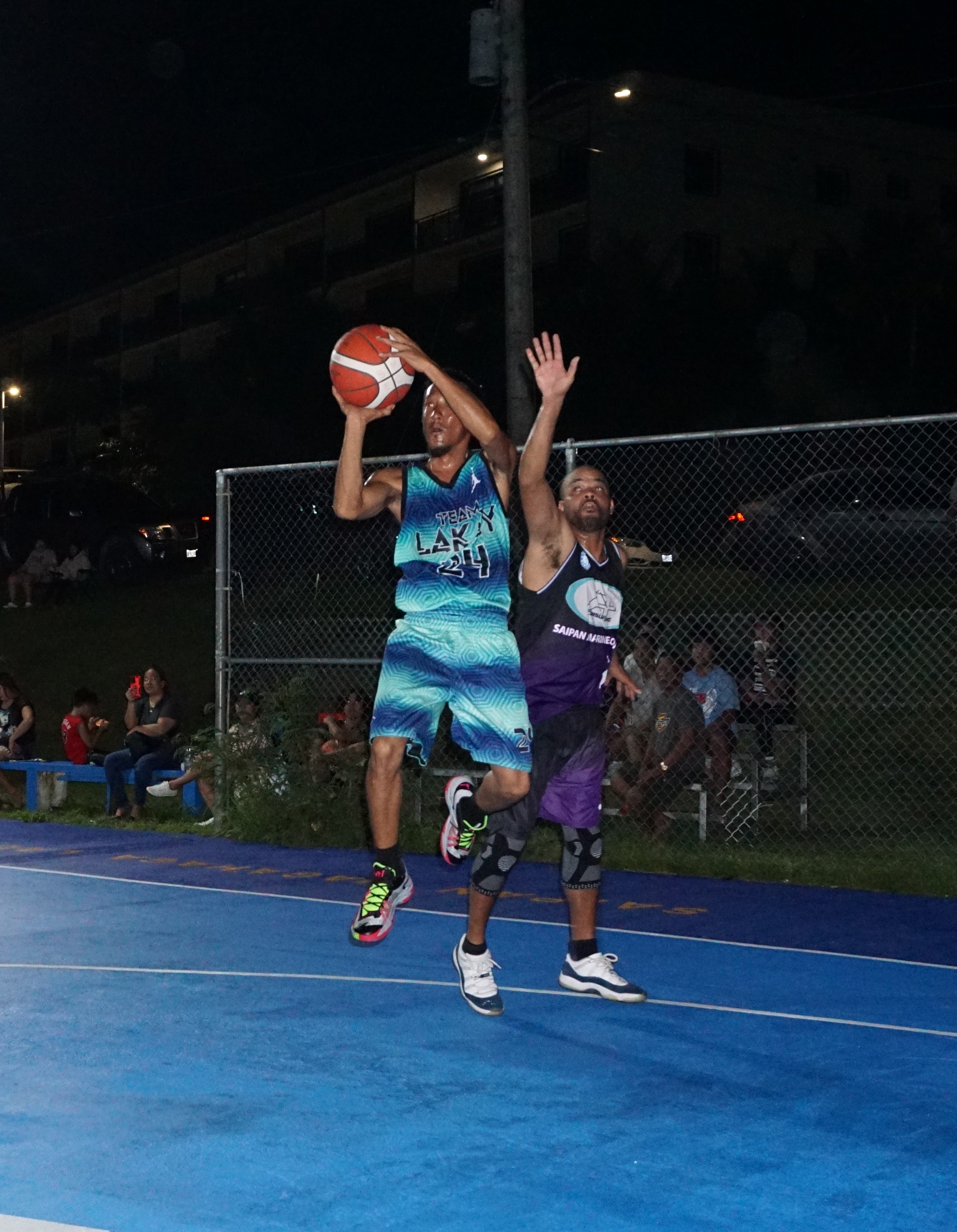 Lakay's JR Torres takes the unbalanced jump shot during a masters division game of the 2023 Saipan MagaLahi Eagles Club Invitational Basketball League Thursday at the Gualo Rai basketball court.