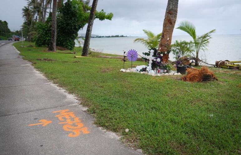 A memorial, pictured Monday, Aug. 21, 2023, in East Hagåtña, at the site of a weekend vehicle collision.