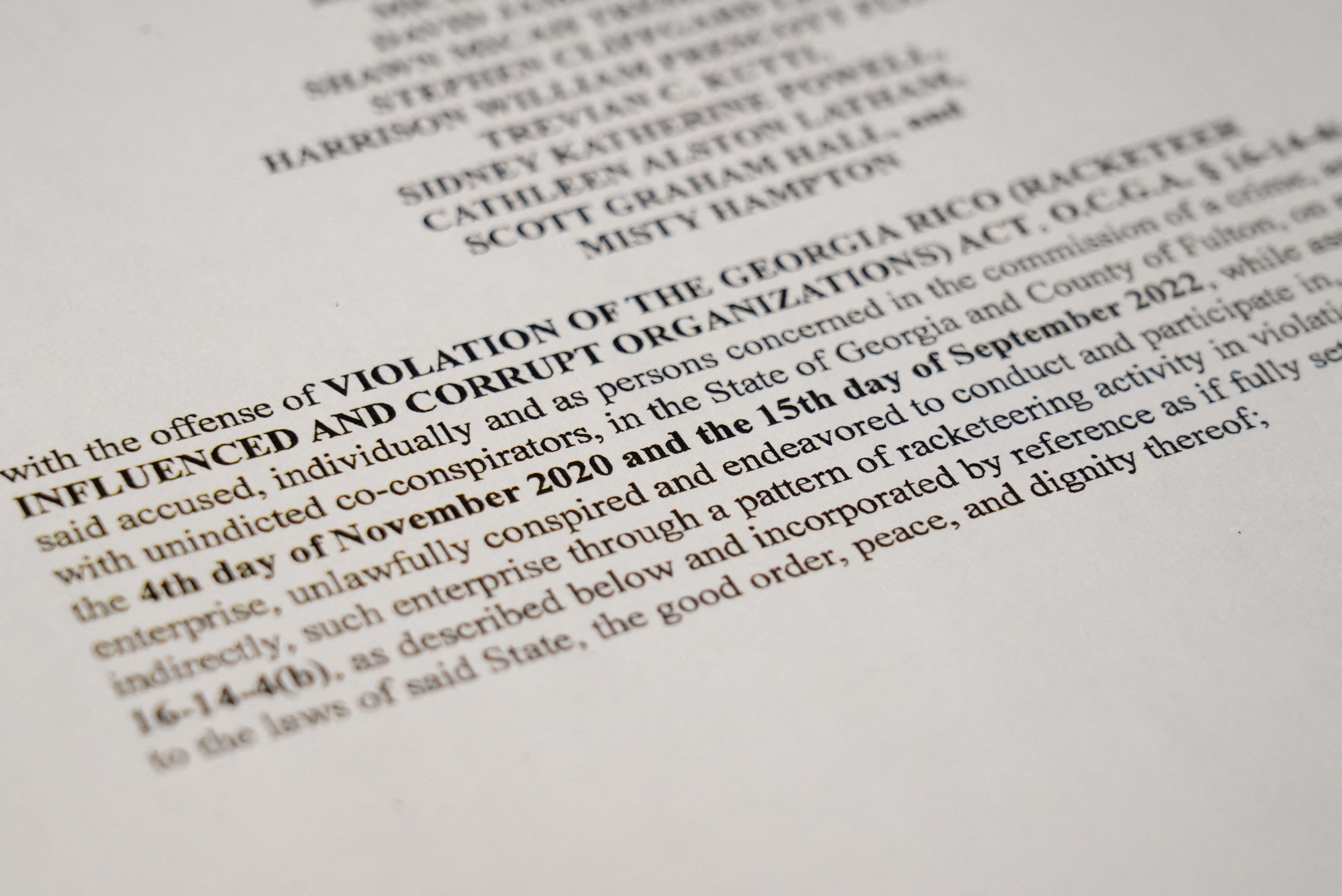 A view of the indictment, after a Georgia grand jury voted to indict former president Donald Trump with several felonies late Monday night in the case investigating attempts to overturn the results of the 2020 presidential election, is pictured at the Reuters Washington office, D.C., U.S. August 14, 2023. REUTERS/Julio-Cesar Chavez