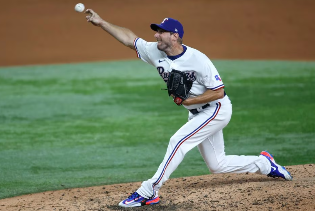 Texas Rangers starting pitcher Max Scherzer (31) pitches against the Los Angeles Angels in the fifth inning at Globe Life Field in Arlington, Texas, Aug. 14, 2023.