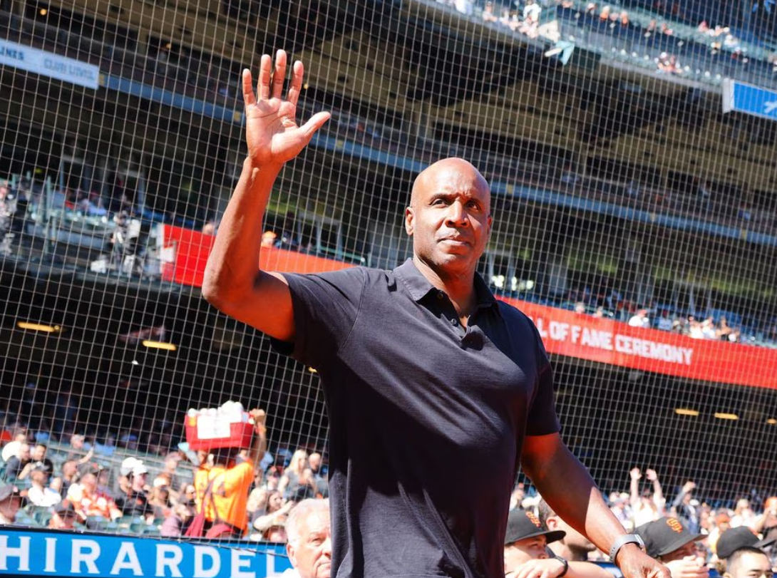 Former San Francisco Giants player Barry Bonds is introduced during a Wall of Fame induction ceremony before the game against the Atlanta Braves at Oracle Park in San Francisco, California, Aug. 27, 2023.