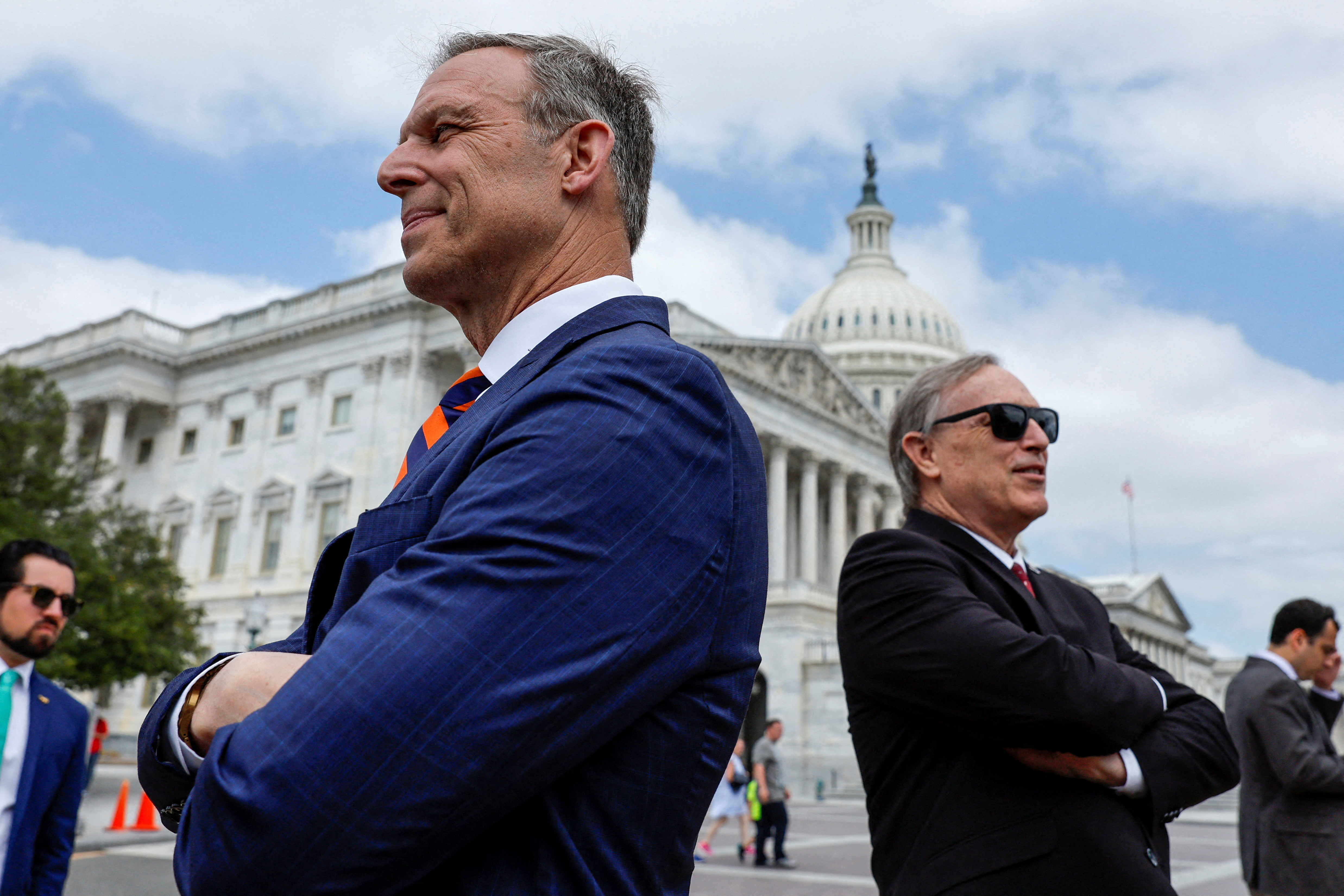 House Freedom Caucus Chairman U.S. Representative Scott Perry (R-PA) and Rep. Andy Biggs (R-AZ) wait for the start of a press conference at the U.S. Capitol in Washington, U.S. May 30, 2023. REUTERS/Jonathan Ernst/File Photo