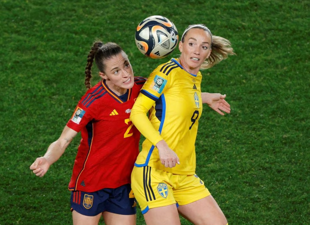 Spain's Ona Batlle in action with Sweden's Kosovare Asllani in a Women’s World Cup semi-final match at Eden Park, Auckland, New Zealand on Aug. 15, 2023