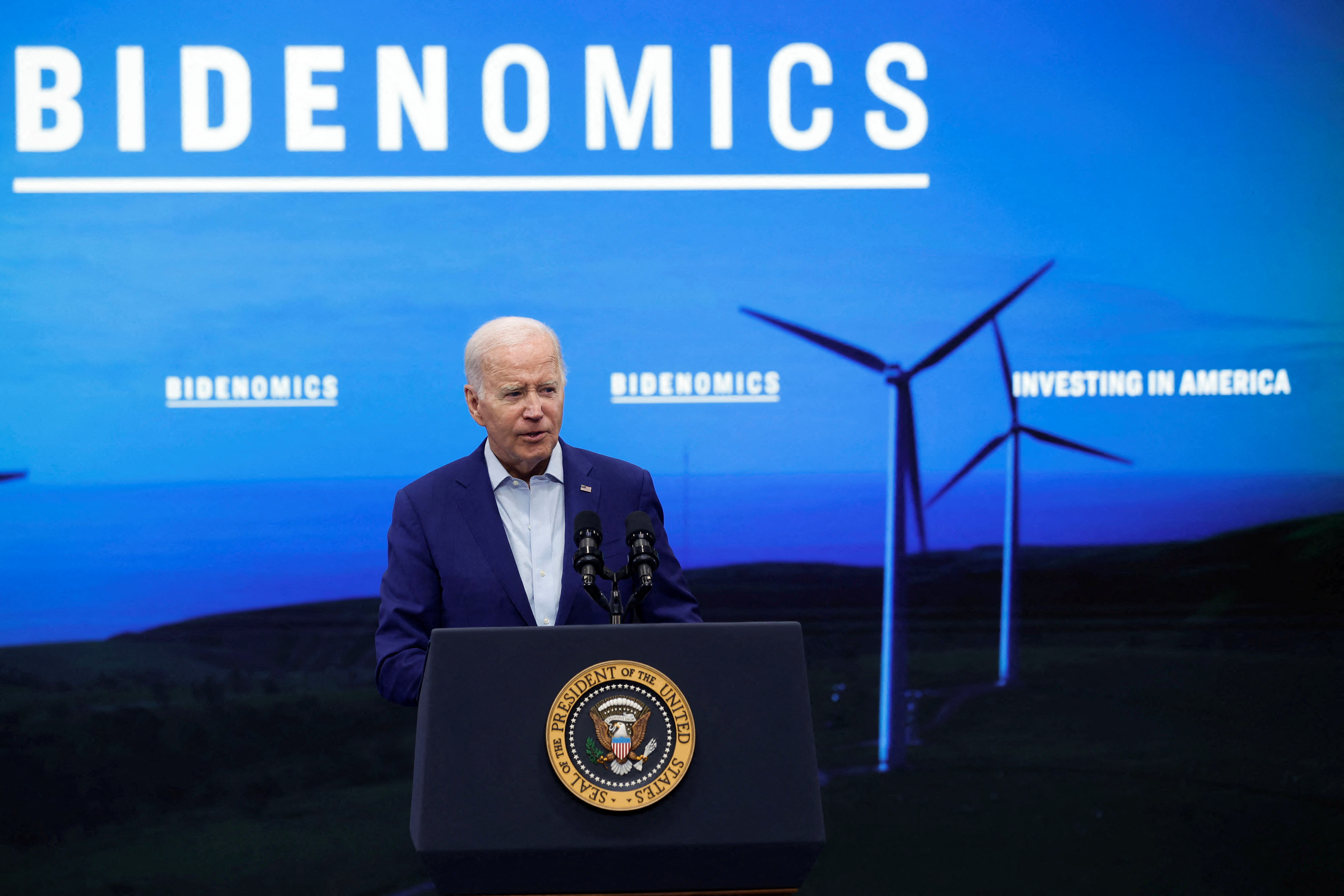 U.S. President Joe Biden delivers remarks on the economy at Arcosa, a wind tower manufacturing facility, in Belen, New Mexico, U.S., August 9, 2023. REUTERS/Jonathan Ernst