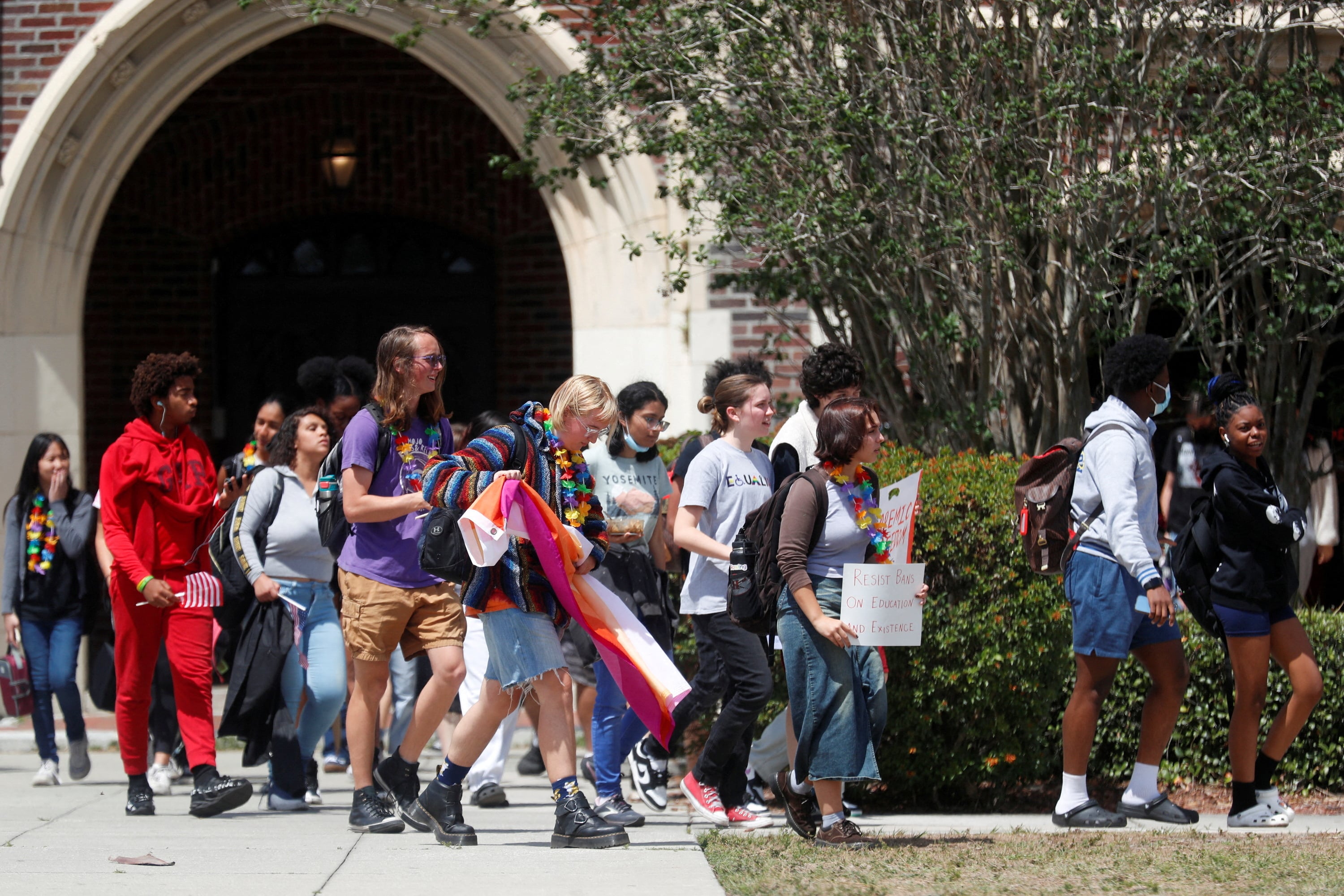 Students stage a walk out from Hillsborough High School to protest after Florida education officials voted to ban classroom instruction on gender identity and sexual orientation in all public school grades, expanding on a law signed by Republican Governor Ron DeSantis that barred such lessons for younger students and was derided by critics as the "Don't Say Gay" bill in Tampa, Florida, U.S., April 21, 2023. REUTERS/Octavio Jones/File Photo