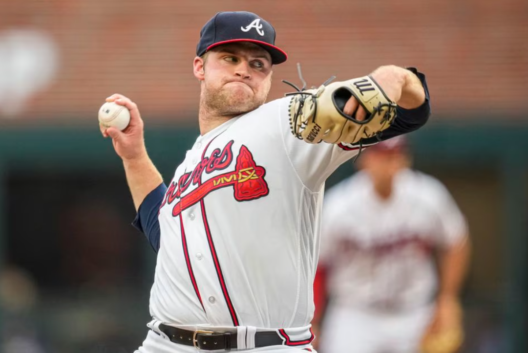 Atlanta Braves starting pitcher Bryce Elder (55) pitches against the New York Yankees during the first inning at Truist Park in Cumberland, Georgia, Aug. 15, 2023.