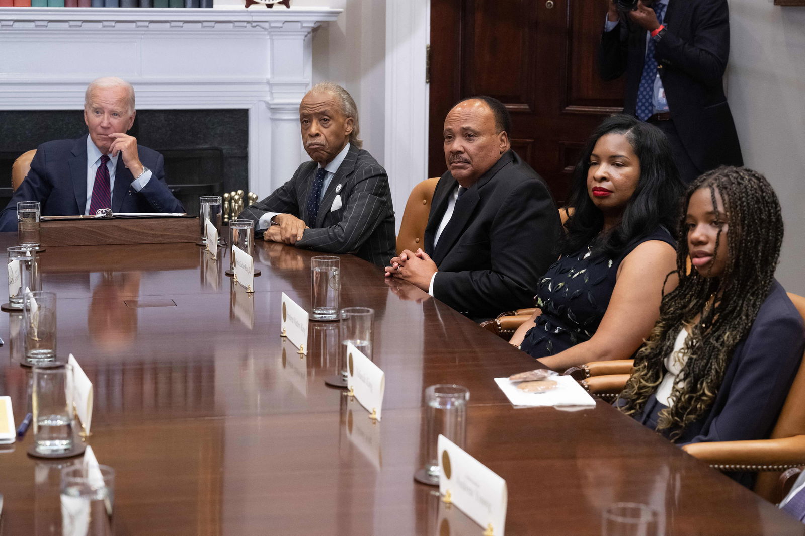 President Joe Biden speaks during a meeting with members of the King family and organizers of the 60th anniversary of the March on Washington, including Reverend Al Sharpton, Founder and President of the National Action Network, Martin Luther King III, son of Reverend Dr. Martin Luther King, Jr., Arndrea Waters King, President of the Drum Major Institute (2R), and Yolanda King (R), Granddaughter of Reverend Dr. Martin Luther King, Jr., in the Roosevelt Room of the White House in Washington, D.C., on Aug. 28, 2023. (Saul Loeb/AFP/Getty Images/TNS)