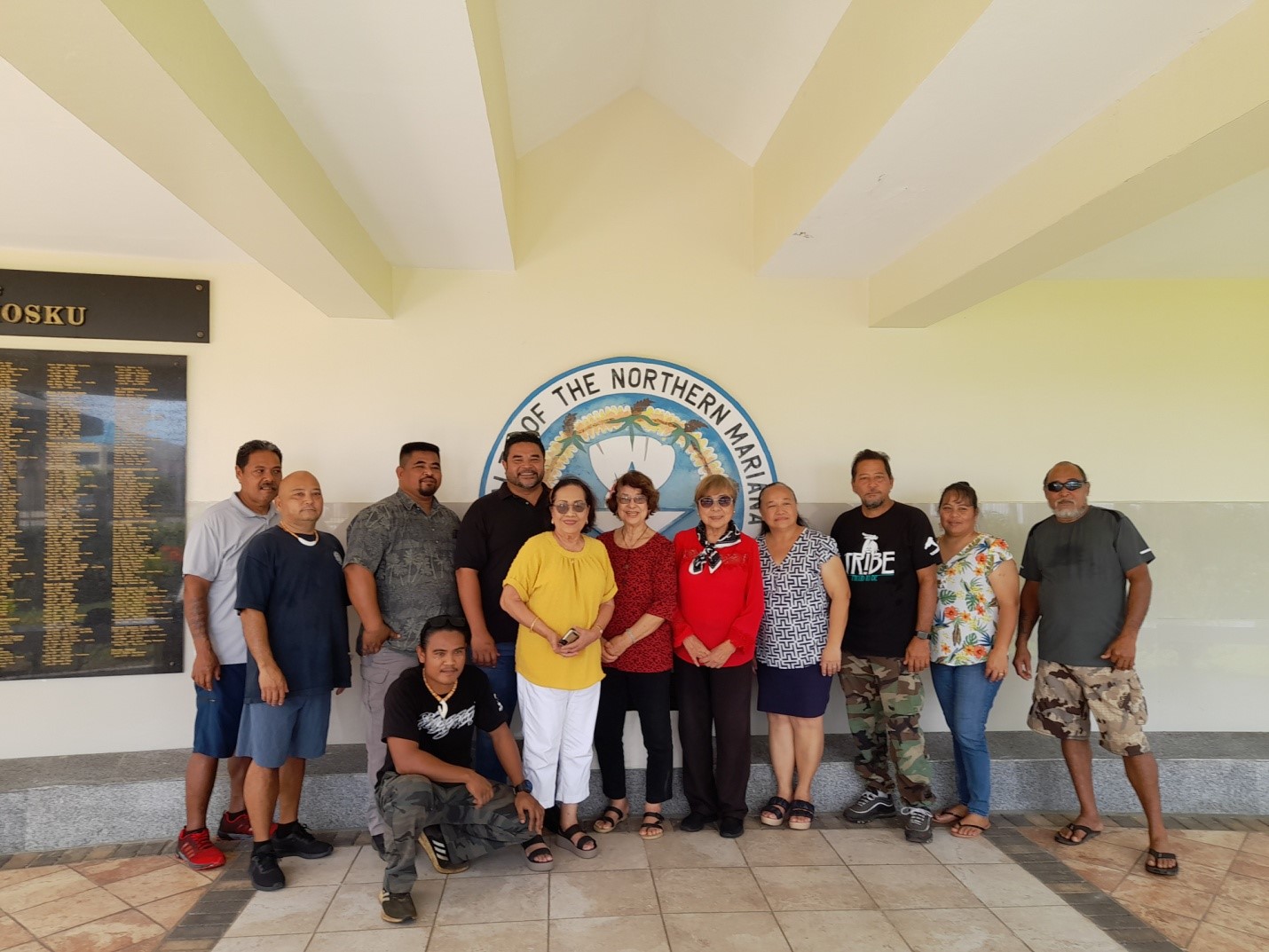 Northern Islands Mayor Valentino Taisacan, standing 3rd left, Public Lands Advisory Board nominee Kodep Ogumoro-Uludong, Connie Togawa, 17th Council Chairwoman Marian DLG Tudela, Vice Chairwoman Antonia M. Tudela, Secretary Carmen C. Pangelinan, former Northern Islands Mayor Vicente Santos, Mayor Taisacan’s staff Paul Santos, Mario Santos, John Santos, former Mayor Vicente Santos, and Lorna Iginoef.                        