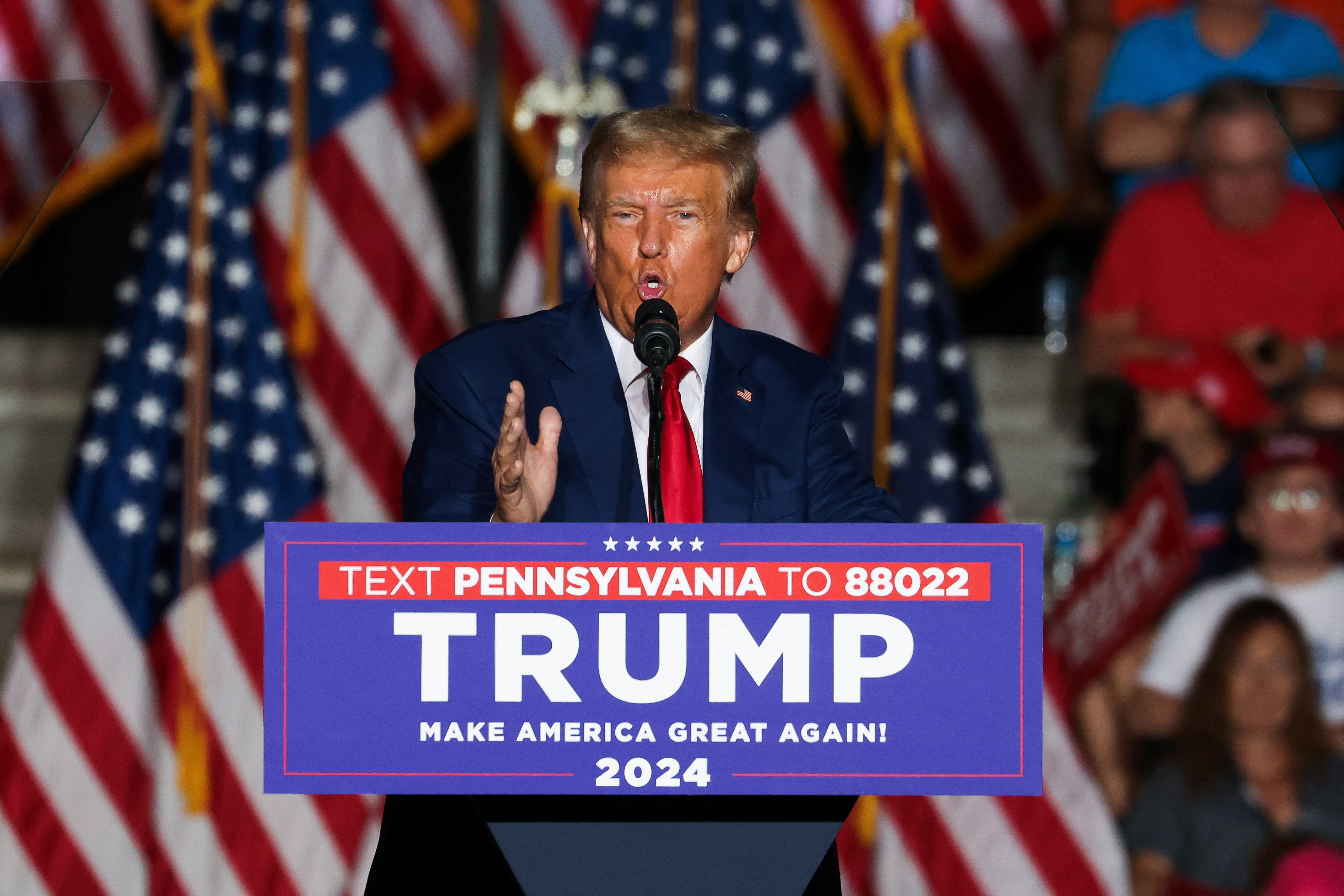 FILE PHOTO: Former U.S. President and Republican presidential candidate Donald Trump speaks during a campaign rally in Erie, Pennsylvania, U.S., July 29, 2023. REUTERS/Lindsay DeDario/File Photo