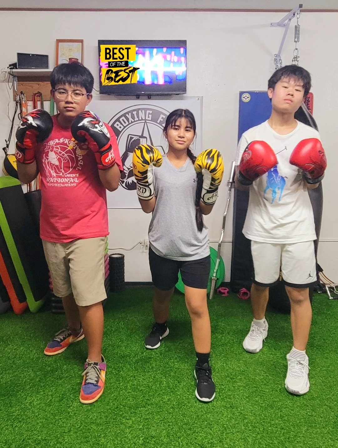 Jason Yu, Maja Diaz, and Frank Li undergo functional fitness and boxing training at BBJ Athletics Camp. 