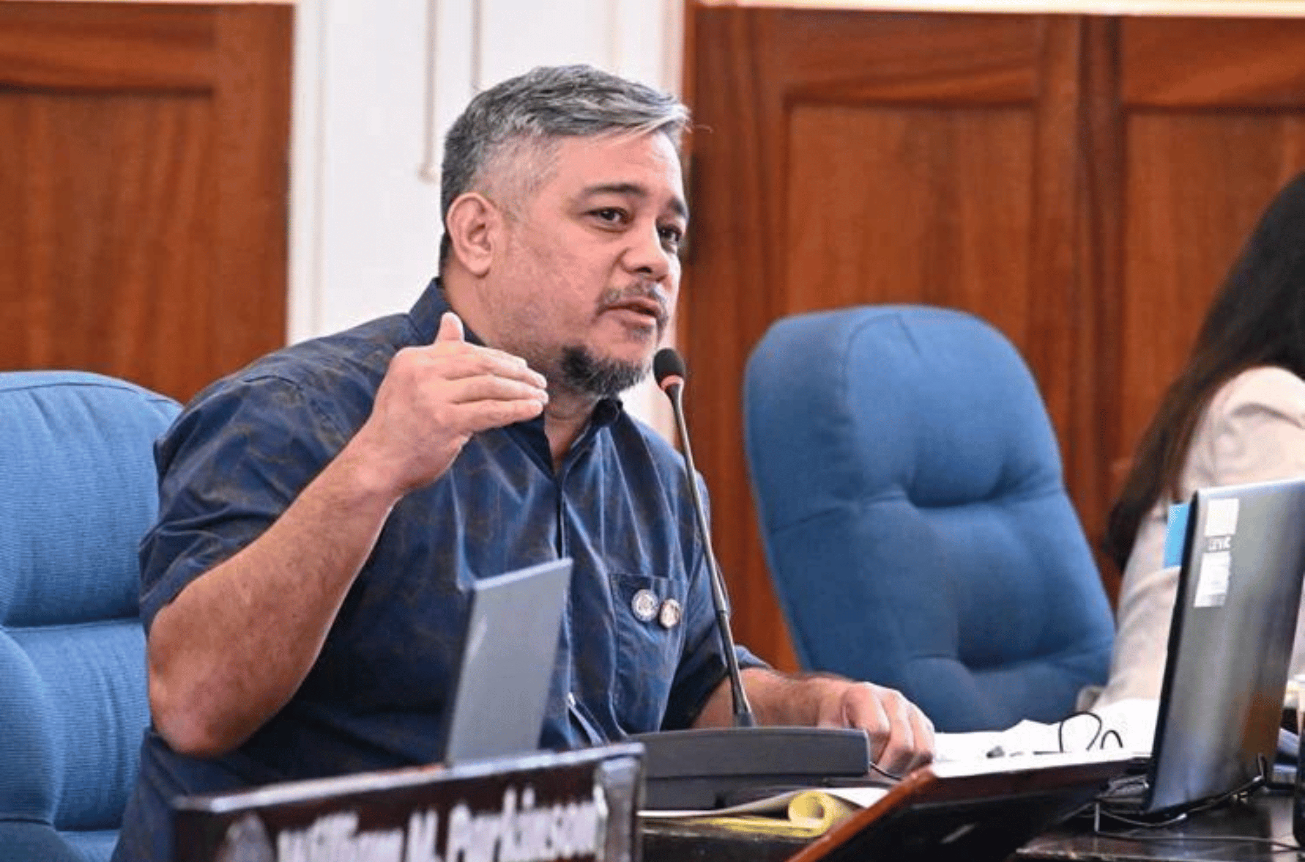 Sen. Chris Barnett asks questions during a budget hearing Thursday, Aug. 10, 2023, in the Session Hall of the Guam Congress Building in Hagåtña.