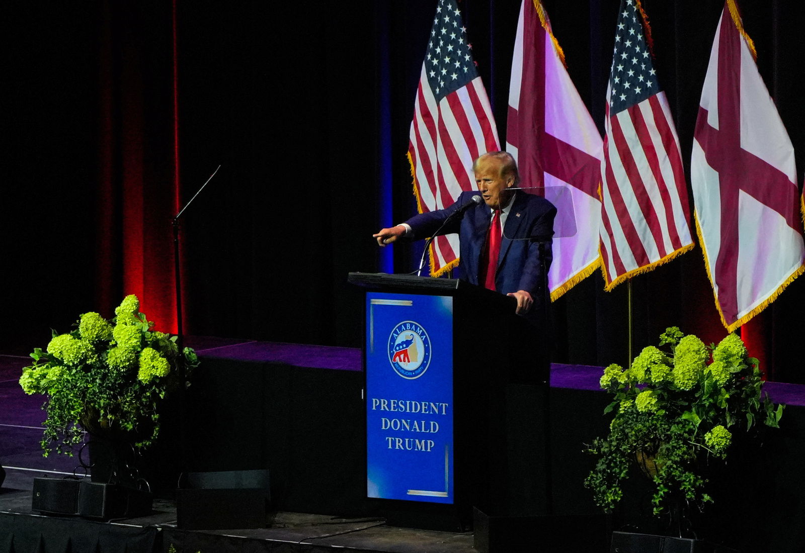 Former U.S. President and Republican presidential candidate Donald Trump speaks during the ALGOP Summer Meeting in Montgomery, Alabama, U.S. August 4, 2023. REUTERS/Cheney Orr