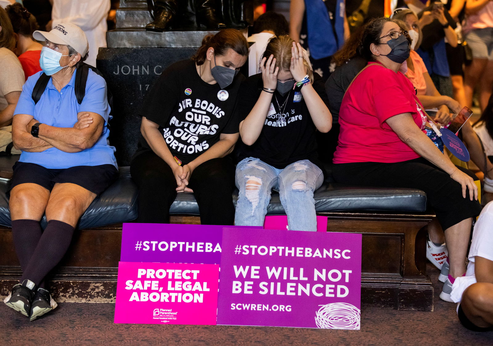 Protesters react as they gather inside the South Carolina House as members debate a new near-total ban on abortion with no exceptions for pregnancies caused by rape or incest at the state legislature in Columbia, South Carolina, U.S. August 30, 2022. REUTERS/Sam Wolfe