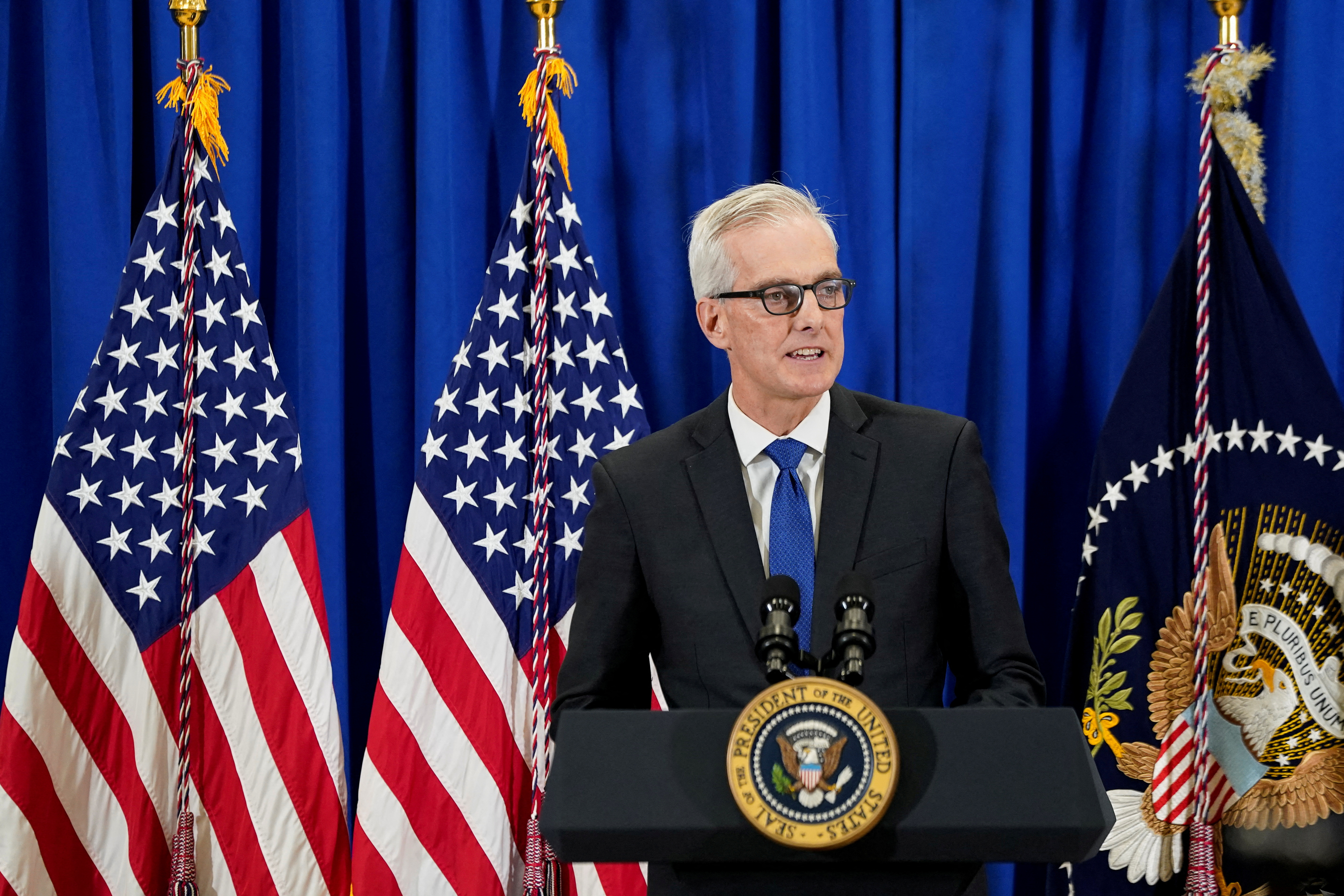 U.S. Secretary of Veterans Affairs Denis McDonough speaks at a town hall with veterans and veteran survivors about the PACT Act, at the Major Joseph R. "Beau" Biden III National Guard/Reserve Center, in New Castle, Delaware, U.S. December 16, 2022. REUTERS/Elizabeth Frantz/File Photo
