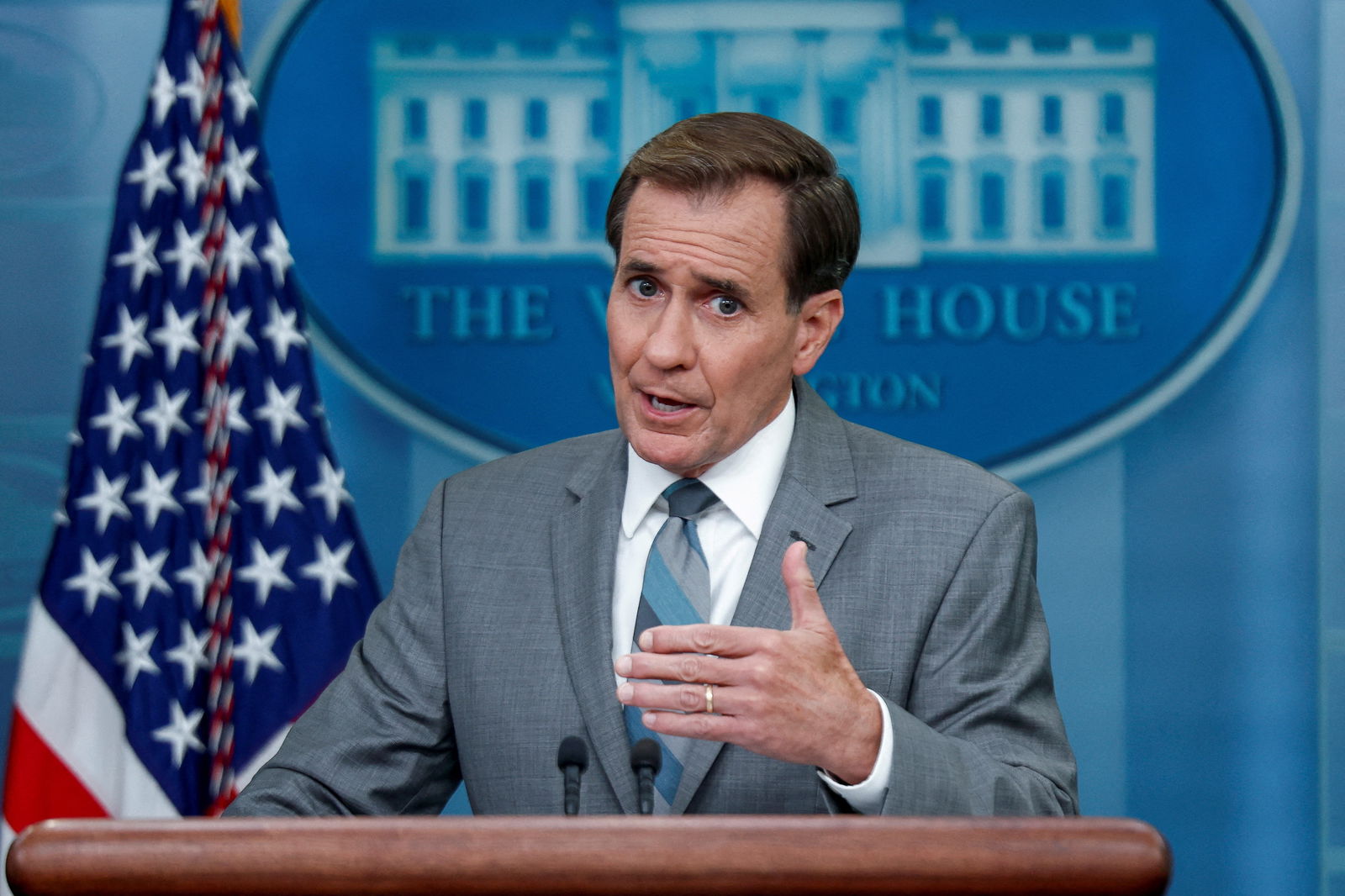 NSC Coordinator for Strategic Communications John Kirby answers questions during the daily press briefing at the White House in Washington, U.S., July 17, 2023. REUTERS/Evelyn Hockstein/File Photo