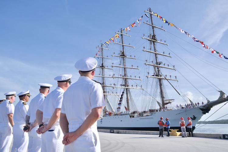 The Peruvian navy's BAP Unión docks Wednesday, Aug. 16, 2023, at Victor Wharf on Naval Base Guam. The ship will be visiting Guam through Aug. 19 as part of its circumnavigation trip.