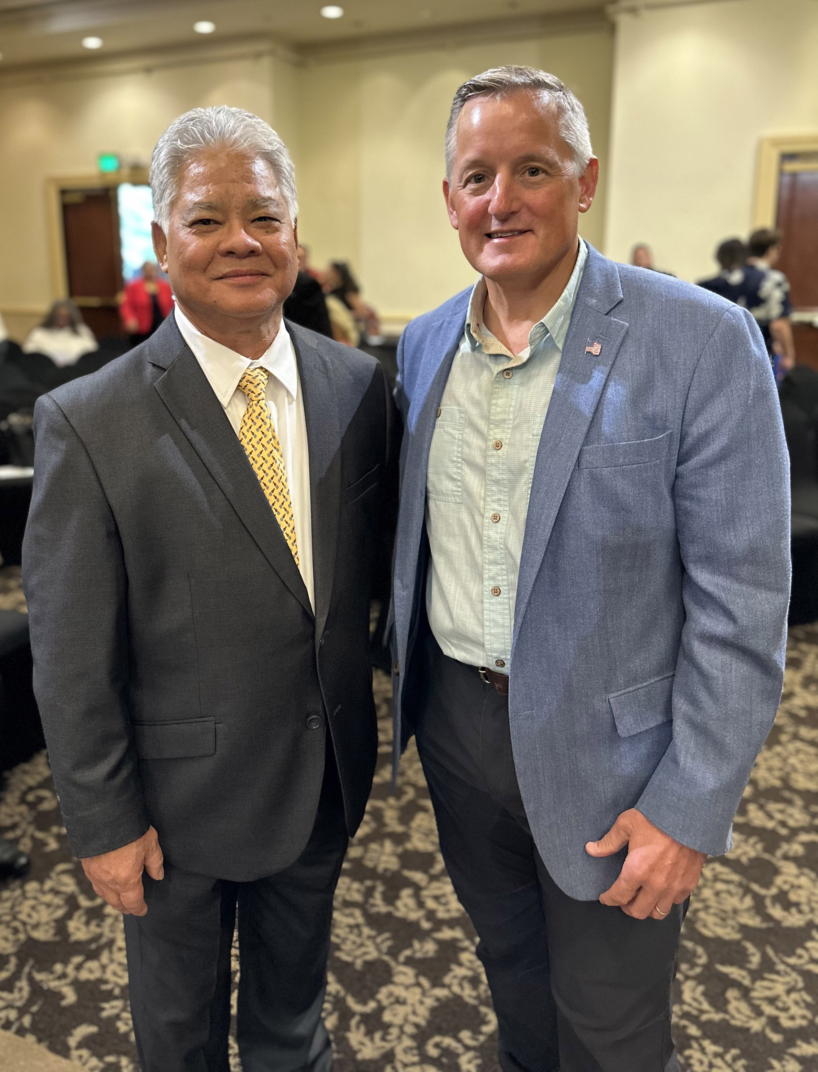 CNMI Gov. Arnold I. Palacios and the chairman of the U.S. House Committee on Natural Resources, U.S. Congressman Bruce Westerman, R-Ar., pose for a photo prior to a field hearing conducted by the committee on Guam, Thursday, Aug. 23.  The hearing examined the importance of the U.S. territories and the Freely Associated States to the United States’ ability to counter the People’s Republic of China’s “malign influence” and maintain the United States’ strategic interests in the region.
