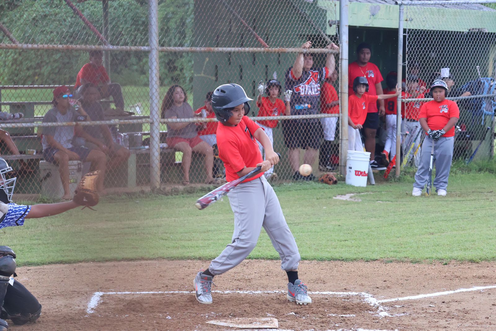 A player of the Braves swings and connects during a semifinal game of the 2023 Saipan Baseball League U12 Tournament on Saturday at the Miguel "Tan Ge" Pangelinan Baseball Field.