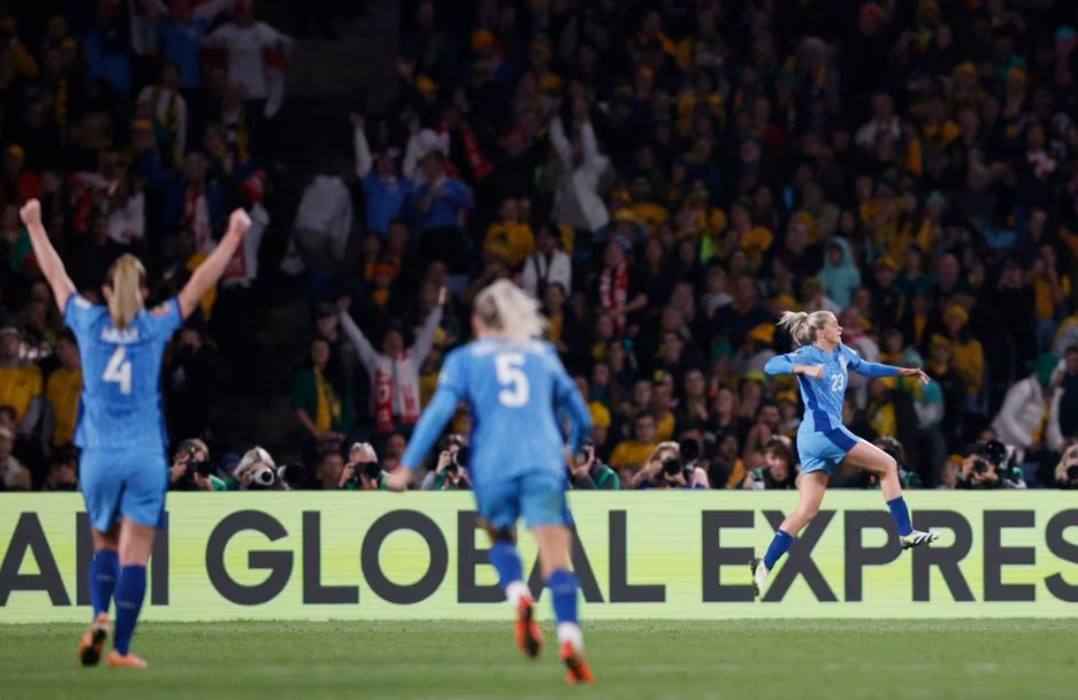 England's Alessia Russo celebrates scoring their third goal against Australia at Stadium Australia in Sydney, Australia on Aug. 16, 2023.