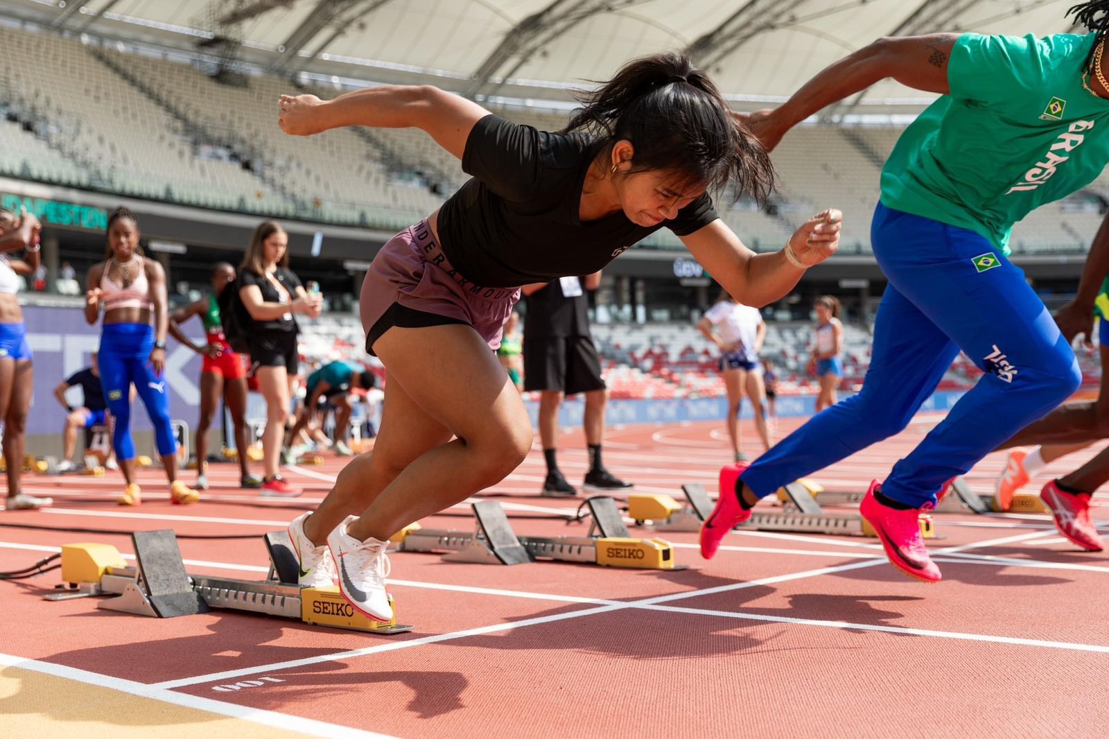 Zarinae Sapong takes off during a practice session in the 100m event of the 2023 World Athletics Championship in Budapest, Hungary on Aug. 18.