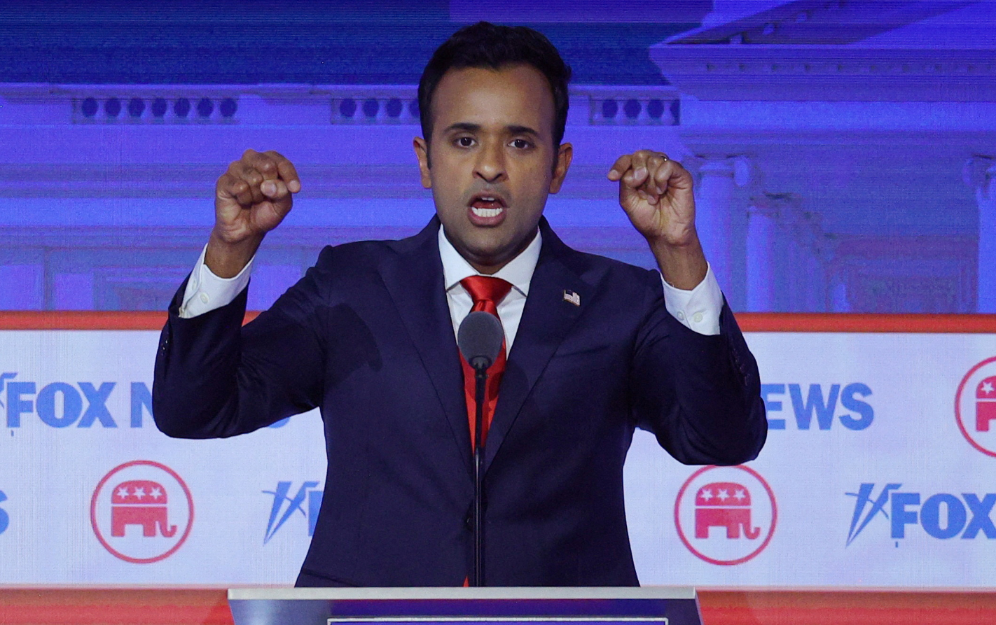 Former biotech executive Vivek Ramaswamy speaks at the first Republican candidates' debate of the 2024 presidential campaign in Milwaukee, Wisconsin, Aug. 23, 2023.