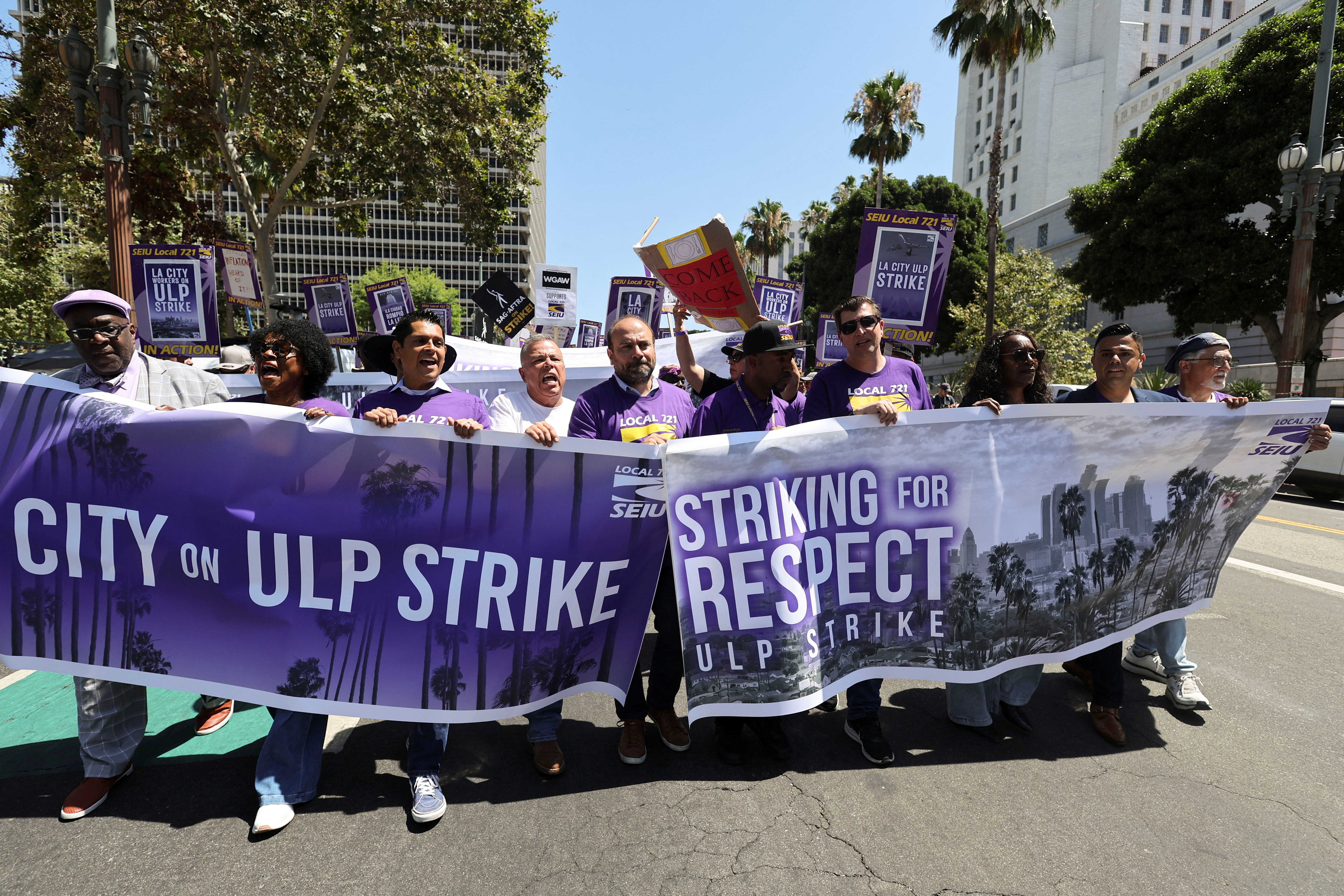 Los Angeles city workers hold a rally during a one-day walkout strike in protest over labor negotiations, in Los Angeles, California, U.S., August 8, 2023. REUTERS/Mike Blake