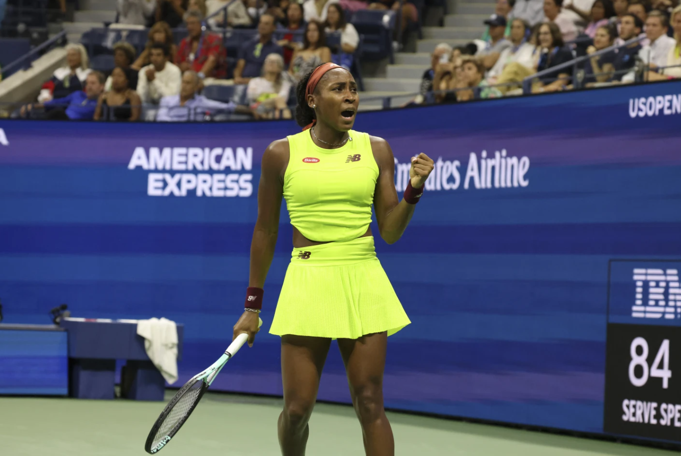 Coco Gauff of the U.S. reacts during a match against Laura Siegemund of Germany in the first round of the U.S. Open tennis championships, Monday, Aug. 28, 2023.