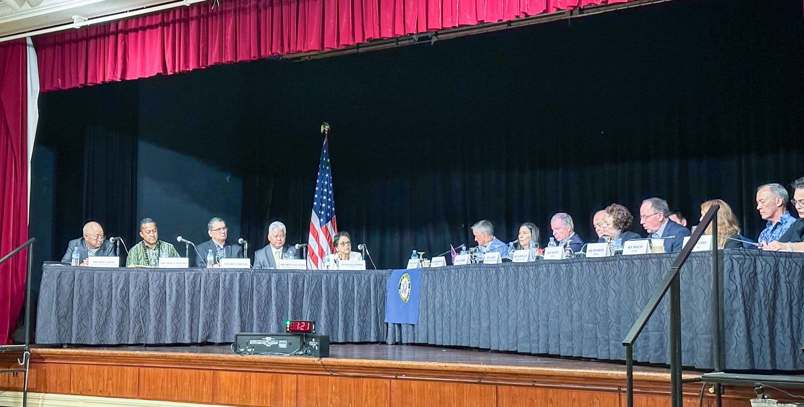 Gov. Arnold I. Palacios with other Pacific Island leaders and members of the U.S. House Natural Resources Committee during a field hearing at the Hilton hotel in Tamuning, Guam on Thursday, Aug. 24, 2023.