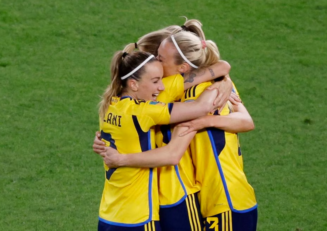 Sweden's Kosovare Asllani celebrates with teammates after the match against Australia at the Brisbane Stadium, Brisbane, Australia on Aug. 19, 2023.