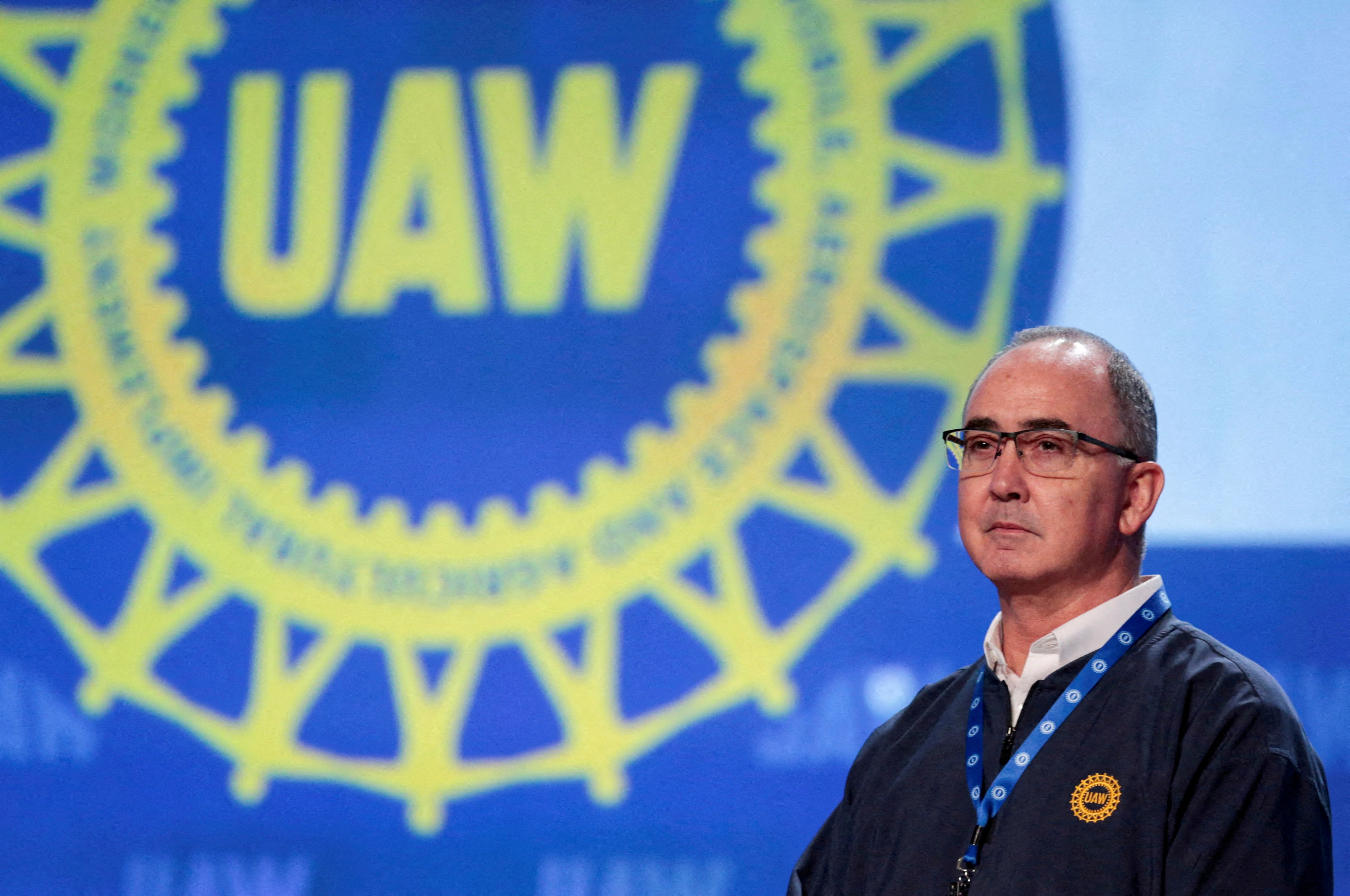 UAW President Shawn Fain chairs the 2023 Special Elections Collective Bargaining Convention in Detroit, Michigan, U.S., March 27, 2023. REUTERS/Rebecca Cook/File Photo