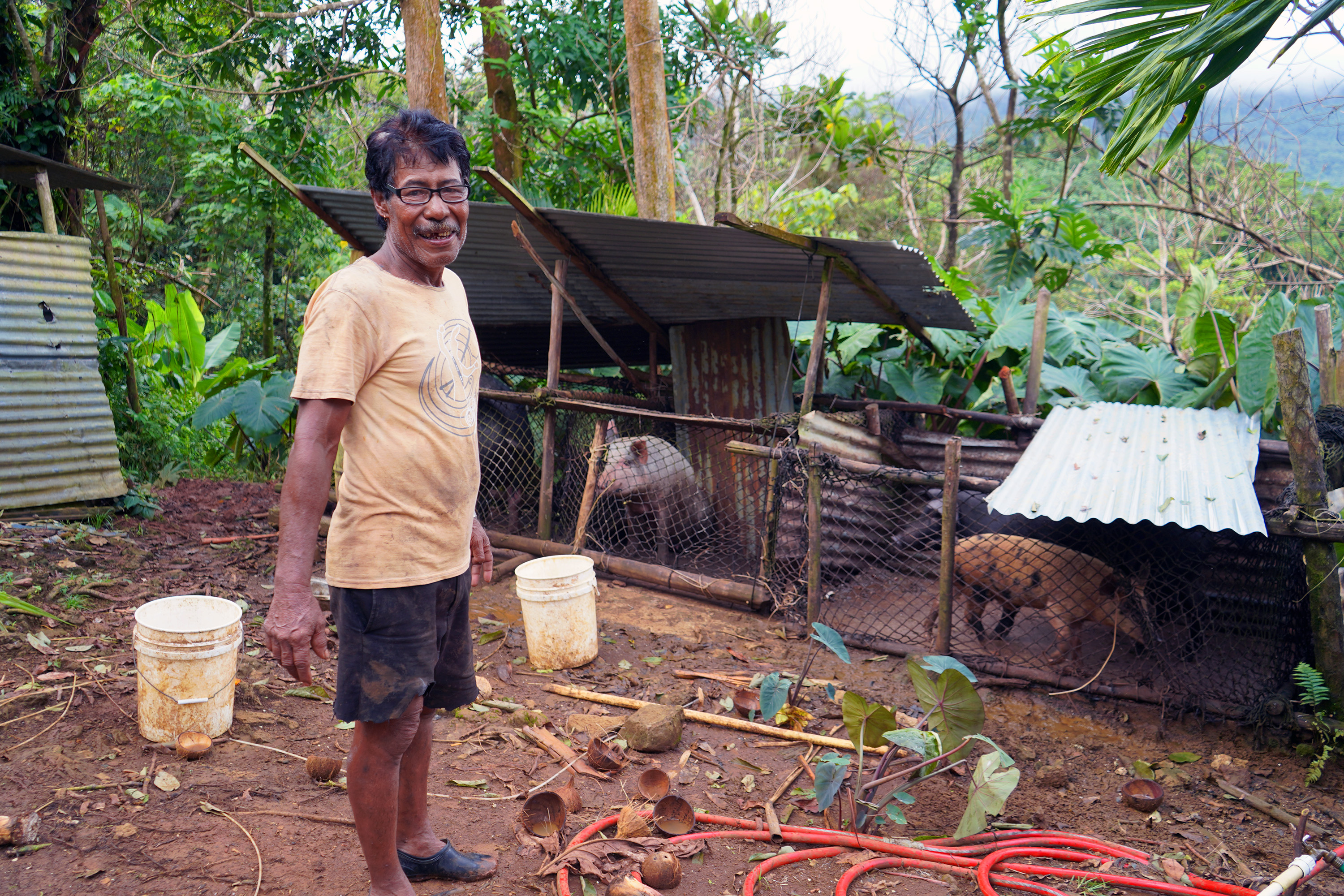 Sakau and pig farmer Tony Sarapio on his property in Pohnpei in June 2023.