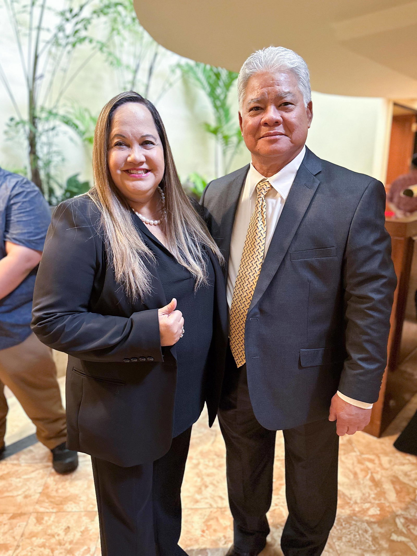 Gov.  Arnold I. Palacios with the Vice Speaker of the Guam Legislature Tina Muna Barnes.