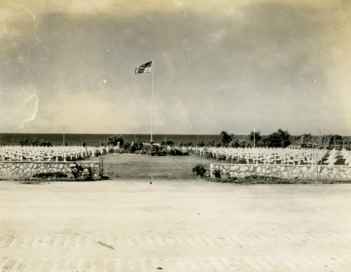 The American Cemetery on Tinian as it appeared after the conclusion of the Battle for Tinian, and prior to the relocation of the servicemen to their next of kin or the Punchbowl National Cemetery in Oahu.