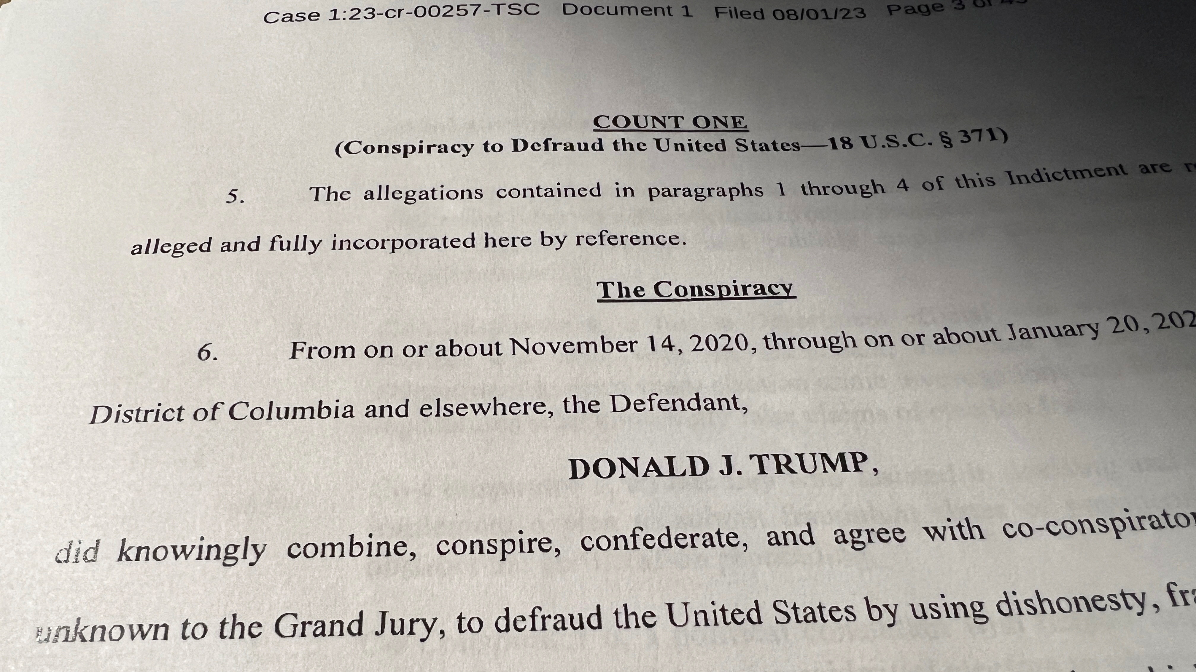 Count One "Conspiracy to Defraud the United States," of an indictment against former U.S. President Donald Trump, is seen after he was hit with criminal charges for a third time in four months - this time arising from efforts to overturn his 2020 U.S. election defeat, in a photo illustration August 1, 2023. 