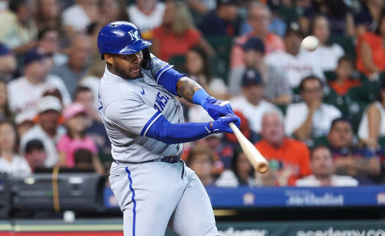 Kansas City Royals right fielder Nelson Velazquez (17) hits a home run during the second inning against the Houston Astros at Minute Maid Park in Houston, Texas, Sept. 24, 2023.