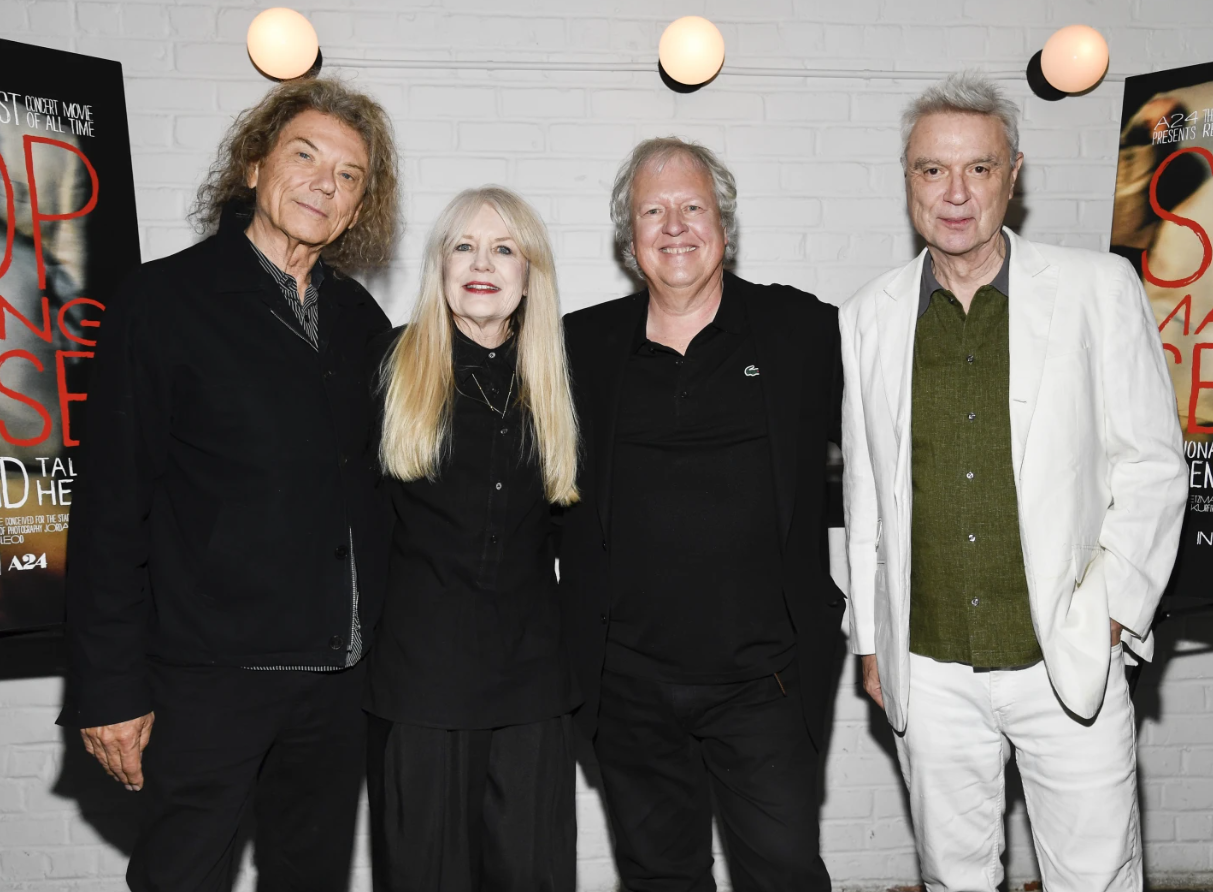 Musicians Jerry Harrison, left, Tina Weymouth, Chris Frantz and David Byrne of the Talking Heads pose for a photo at a special screening of “Stop Making Sense” to celebrate the 40th anniversary 4J remastered re-release at Metrograph on Thursday, Sept. 14, 2023, in New York.