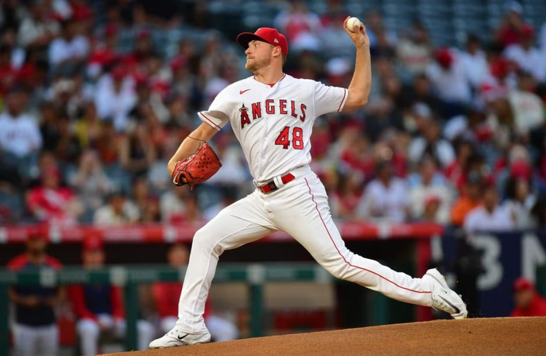 Los Angeles Angels starting pitcher Reid Detmers (48) throws against the Baltimore Orioles during the first inning at Angel Stadium in Anaheim, California, Sept. 5, 2023.