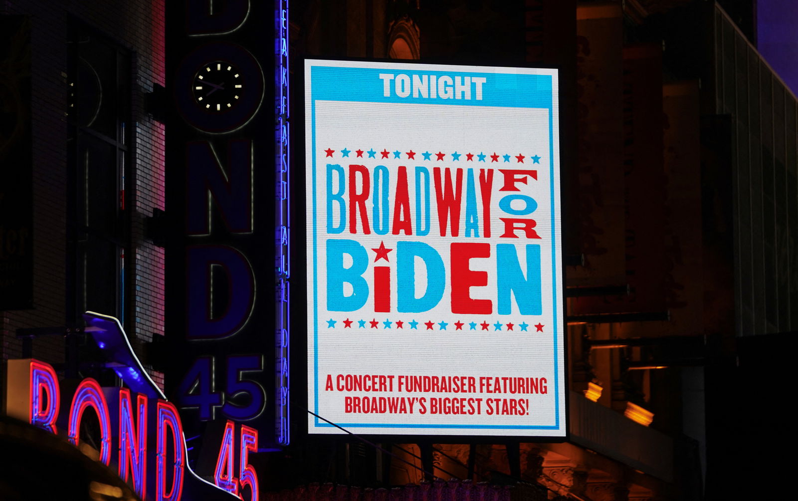 A marquee is lit up on Broadway’s Lunt-Fontanne Theatre at a fundraiser for U.S. President Joe Biden in New York City, New York, U.S., September 18, 2023.
