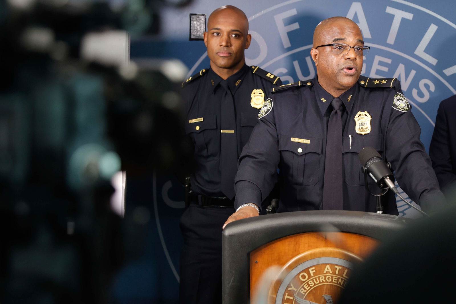 In this photo from June 22, 2023, Atlanta Police Capt. Ralph Woolfolk, left, and Deputy Chief Charles Hampton hold a press conference to discuss the city's plans to handle gang and gun violence this summer. (Natrice Miller/The Atlanta Journal-Constitution/TNS)