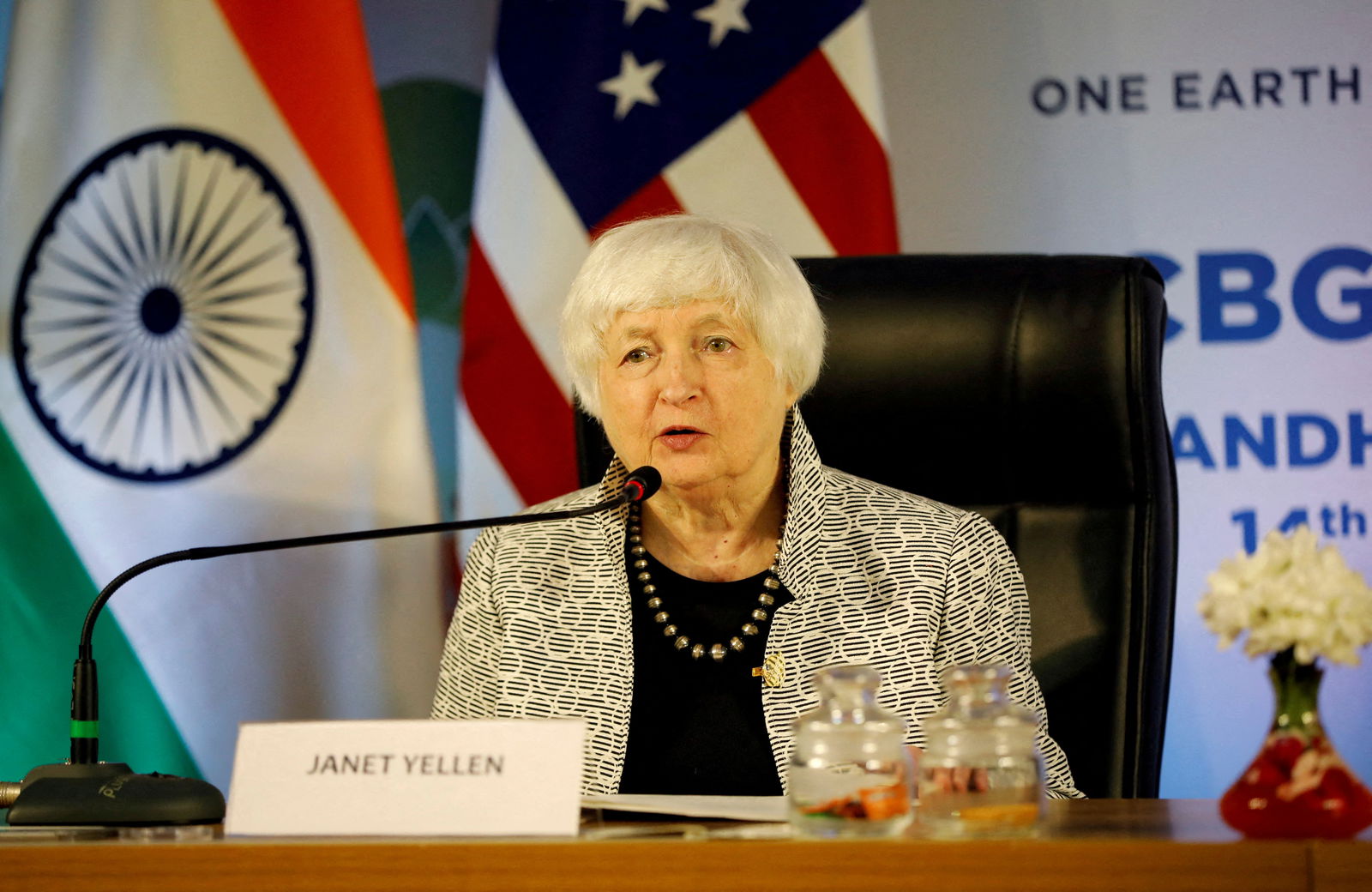 U.S. Treasury Secretary Janet Yellen addresses the media, along with Indian Finance Minister Nirmala Sitharaman, on the sidelines of a G20 meeting at Gandhinagar, India, July 17, 2023. REUTERS/Amit Dave/File Photo
