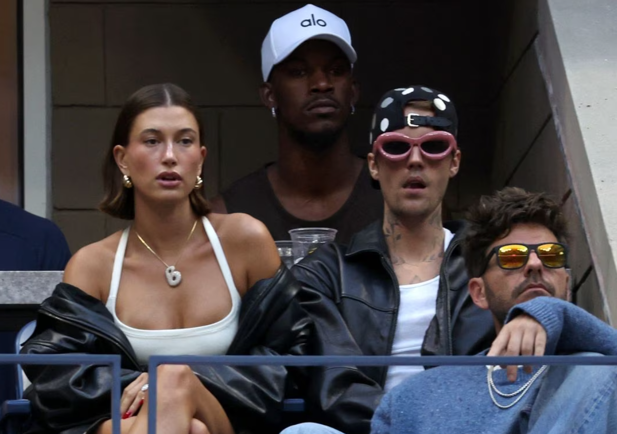 Justin Bieber and his wife Hailey Bieber watch the third round match between Coco Gauff of the U.S. and Belgium's Elise Mertens in New York, Sept. 1, 2023.