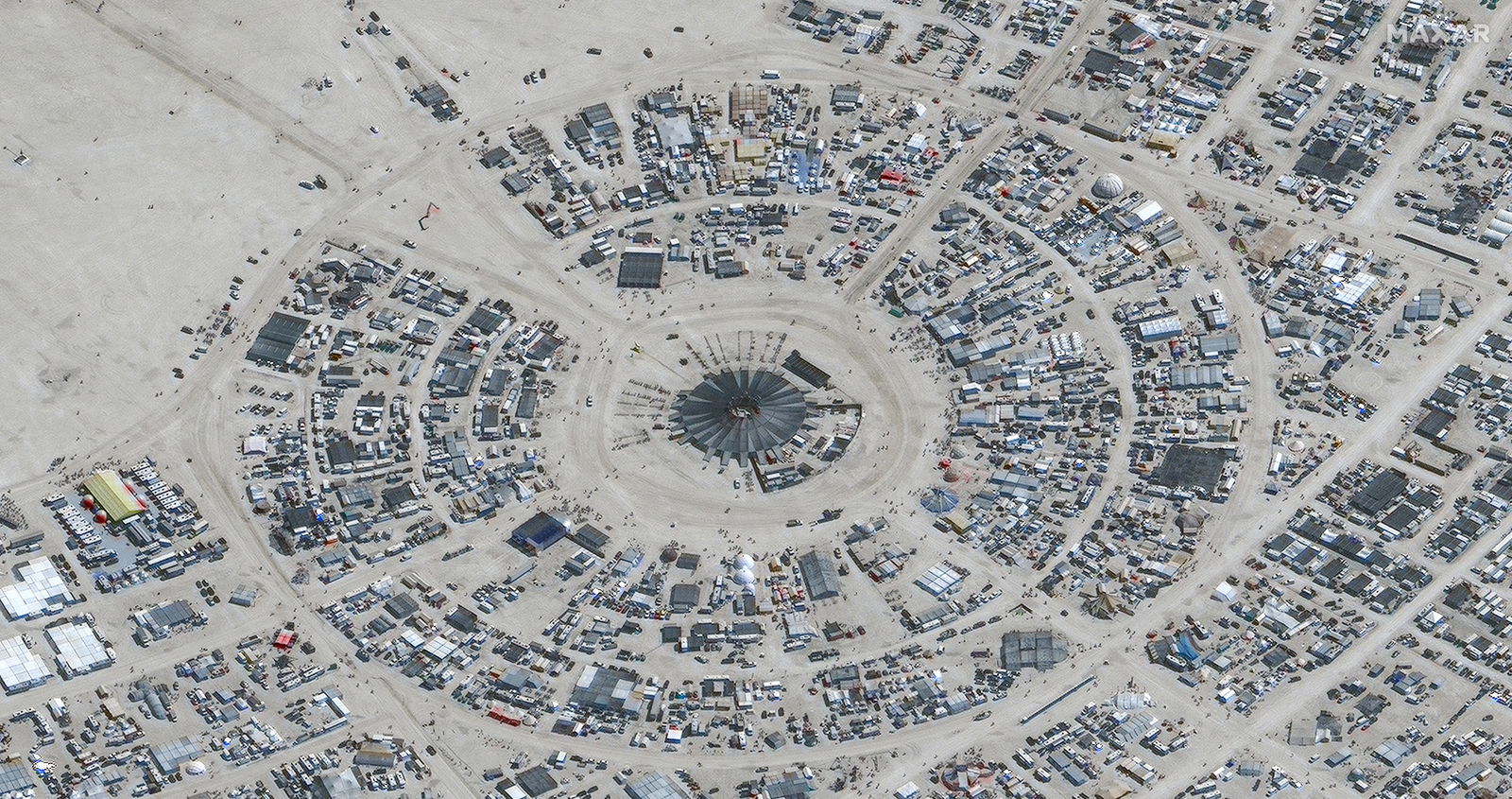 A satellite view shows the center camp during the 2023 Burning Man festival, in Black Rock Desert, Nevada, U.S., August 28, 2023. Maxar Technologies/Handout via REUTERS/File Photo