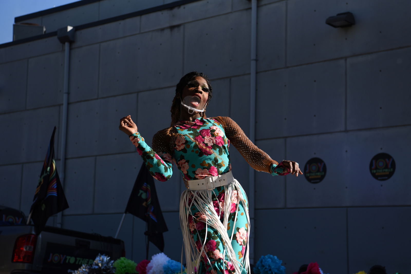 A drag queen with Joy to the Polls performs as voters cast ballots at Buddy’s Houston, the world's first presidential polling location at an LGBTQ+ bar, on Election Day in Houston, Texas, U.S., November 3, 2020. 
