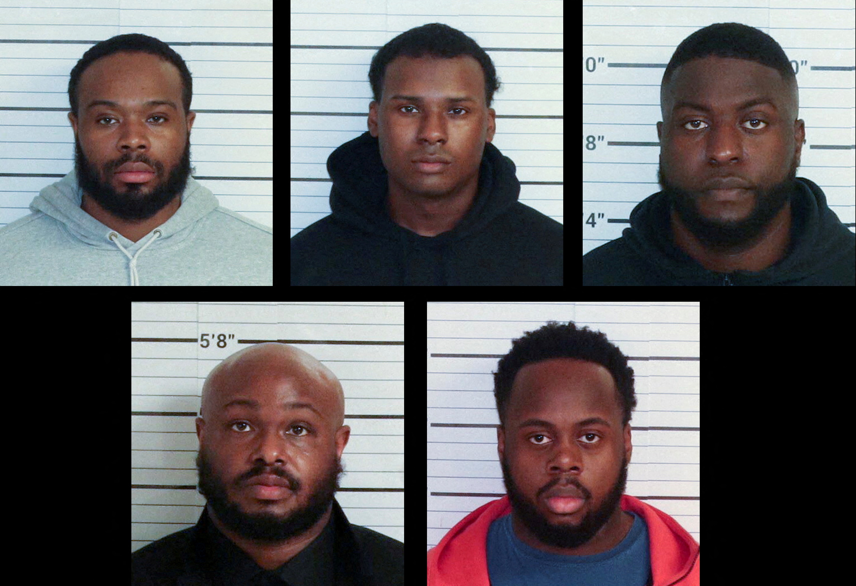 A combination photo of mugshots shows the Memphis police officers charged with second-degree murder in the death of Tyre Nichols, the young Black man who died three days after he was pulled over and beaten by Memphis police, in Memphis, Tennessee in these photos released to Reuters on January 27, 2023. The officers are clockwise from top left Demetrius Haley, Justin Smith, Emmitt Martin III, Tadarrius Bean and Desmond Mills Jr.. Shelby County Sheriff's Office/Handout via REUTERS/File Photo