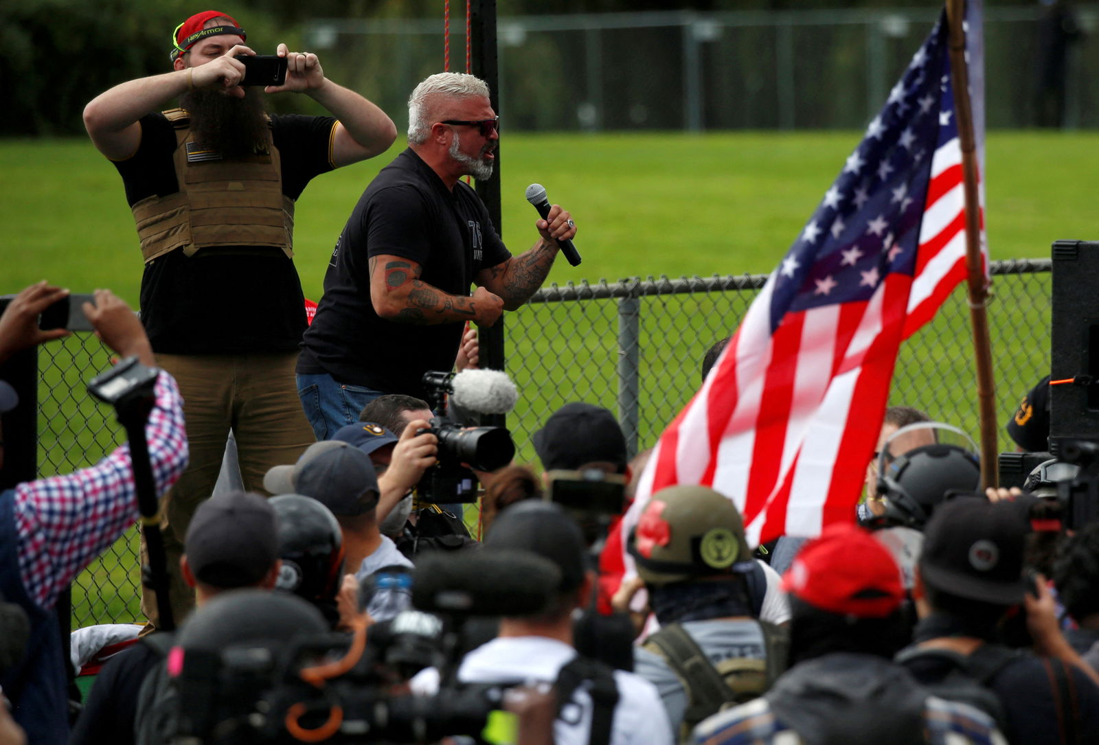 Proud Boys member Joe Biggs speaks during a rally in Portland, Oregon, September 26, 2020, before he was later arrested for his involvement in the storming of the U.S. Capitol building in Washington. D.C., U.S. REUTERS/Jim Urquhart/File Photo