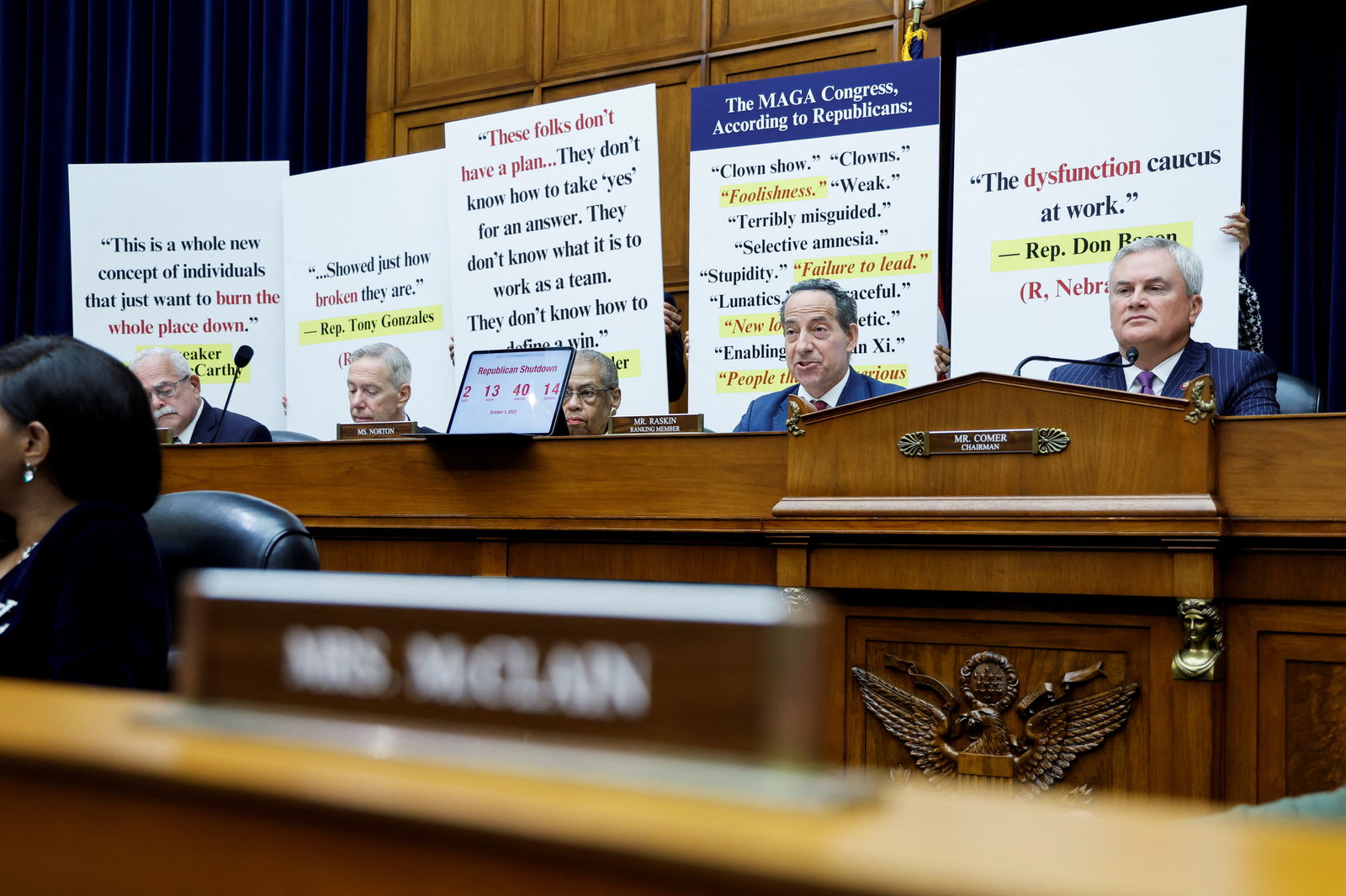House Oversight Committee Ranking Member Rep. Jamie Raskin (D-MD) speaks next to Chairman James Comer (R-KY) as they attend a House Oversight and Accountability Committee impeachment inquiry hearing into U.S. President Joe Biden, focused on his son Hunter Biden's foreign business dealings, on Capitol Hill in Washington, U.S., September 28, 2023. 