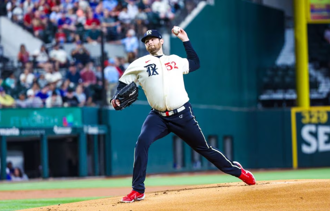 Texas Rangers starting pitcher Jordan Montgomery (52) throws during the first inning against the Seattle Mariners at Globe Life Field in Arlington, Texas, Sept. 23, 2023.